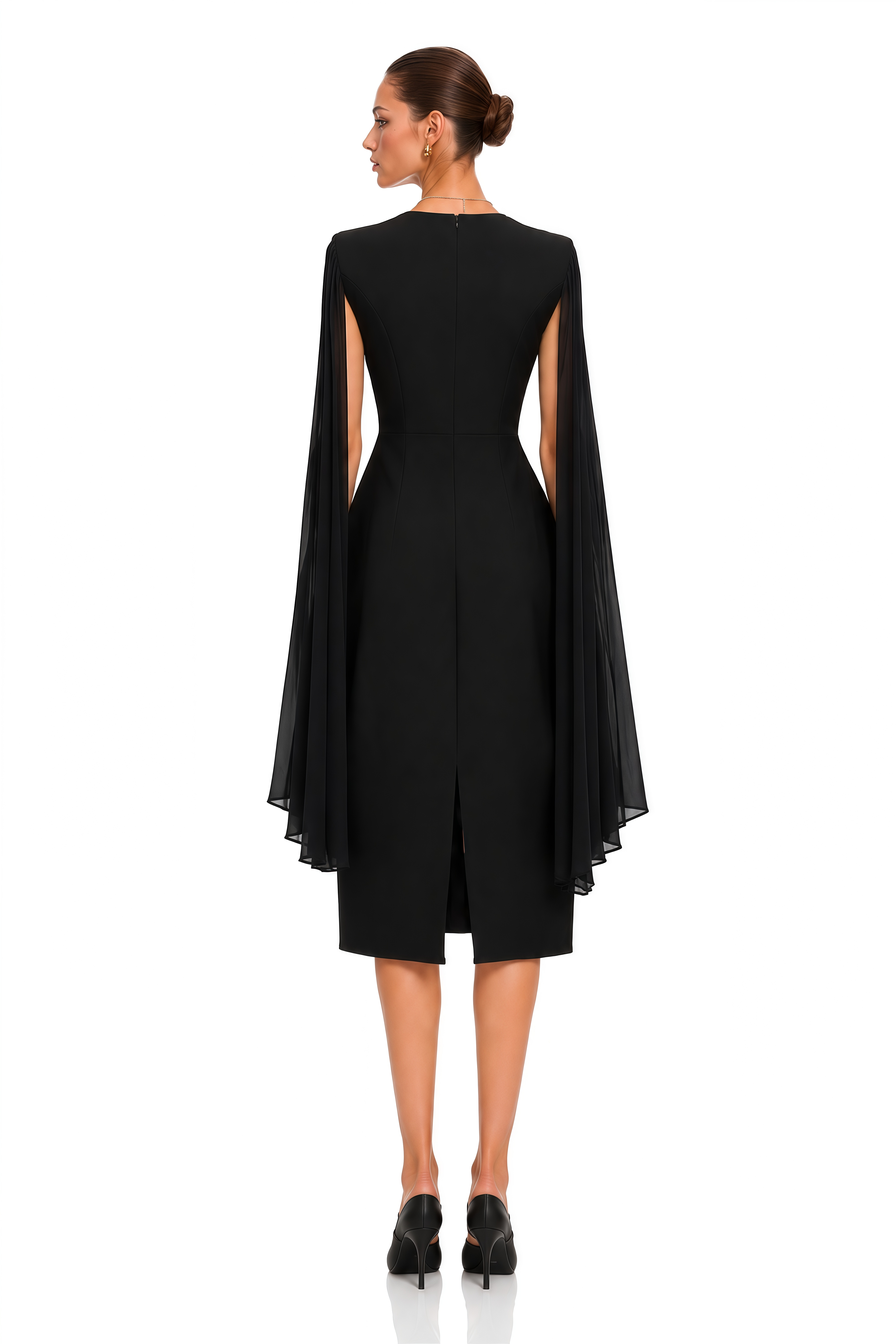 Olivia Black Round Neck Pleated Sleeves Midi Dress
