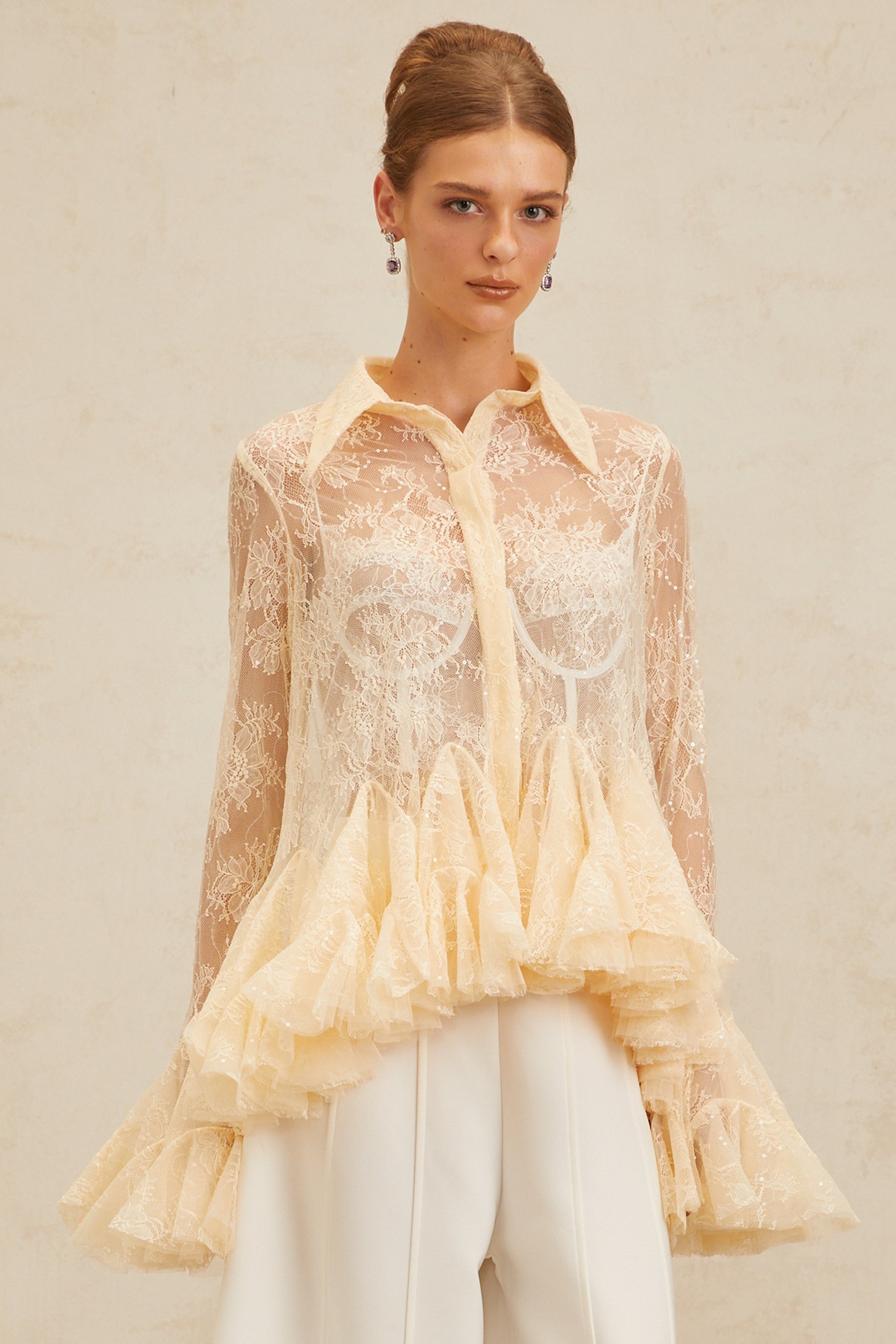 Ingrid Neutral Peplum Floral Lace Blouse – Miss Rosier - Women's