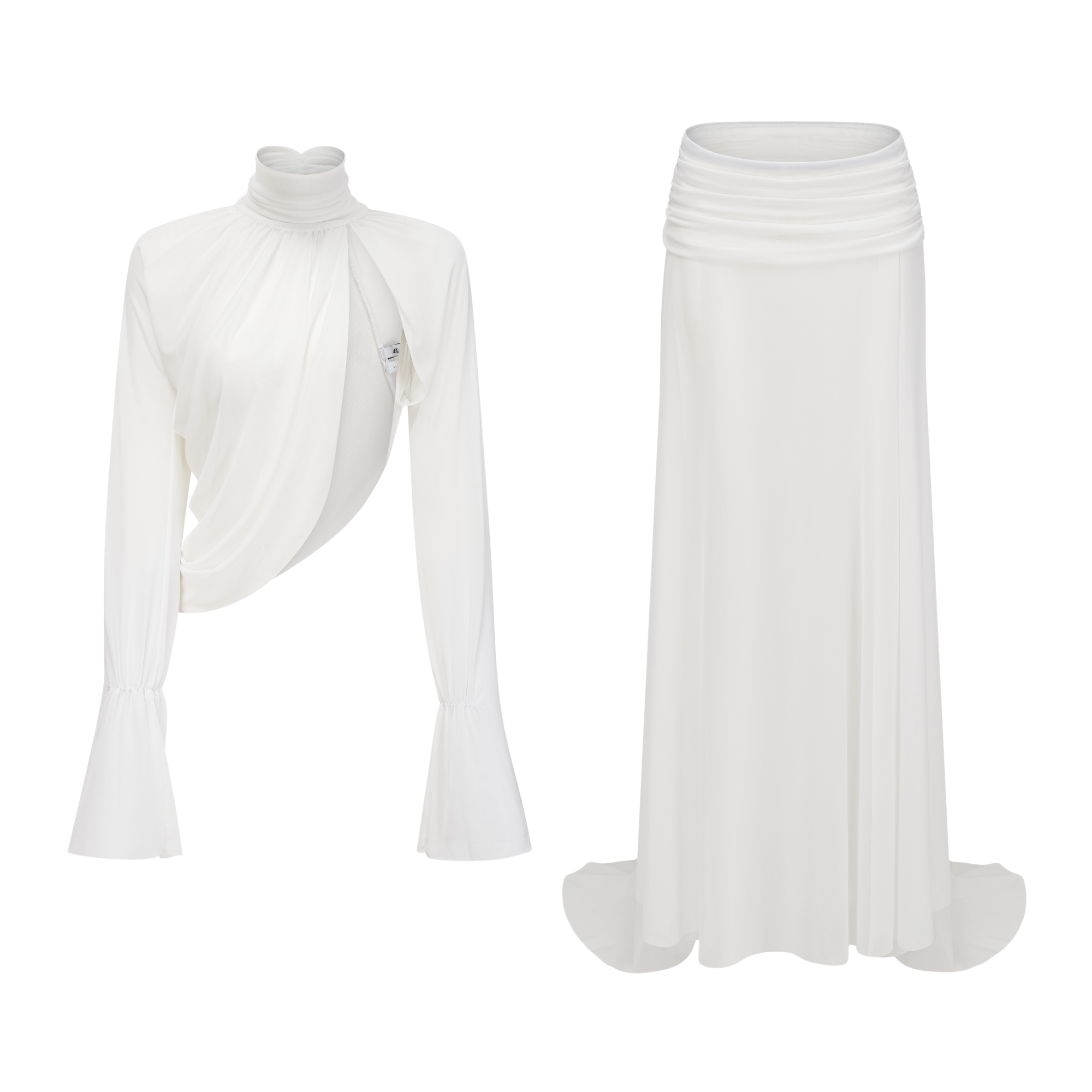 White Chiffon Maxi Dress with High Neck, Side Cut-Out, and High Leg Slit