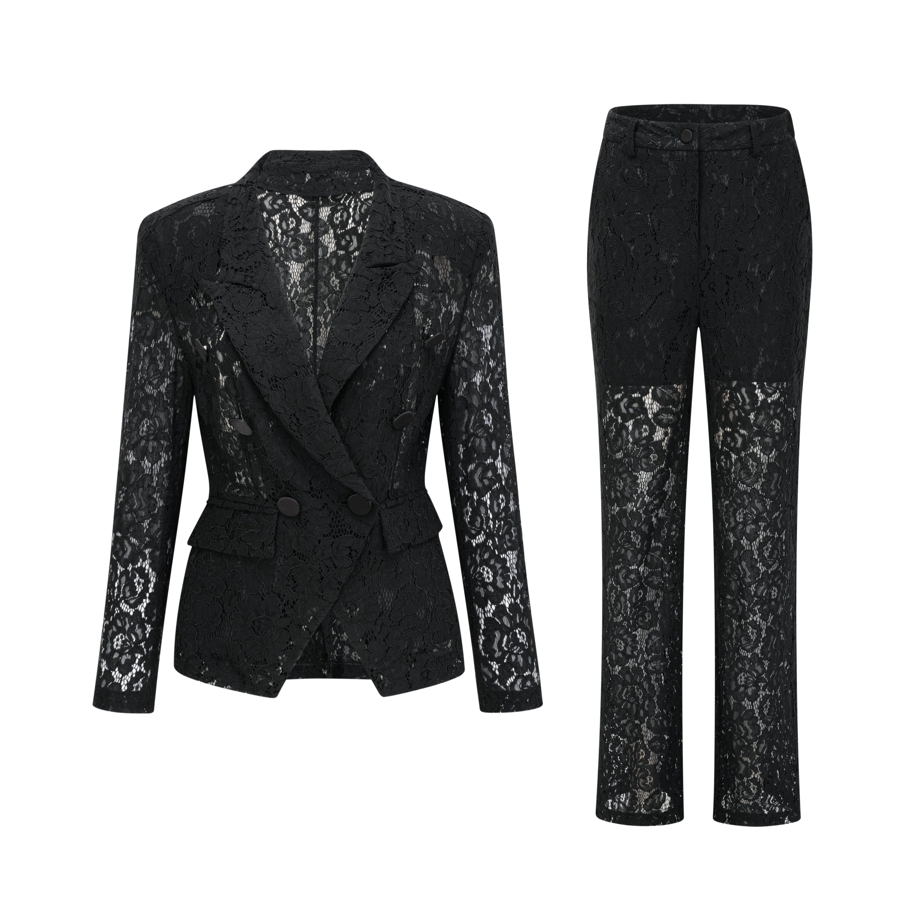 Black sheer floral lace pantsuit with structured shoulders