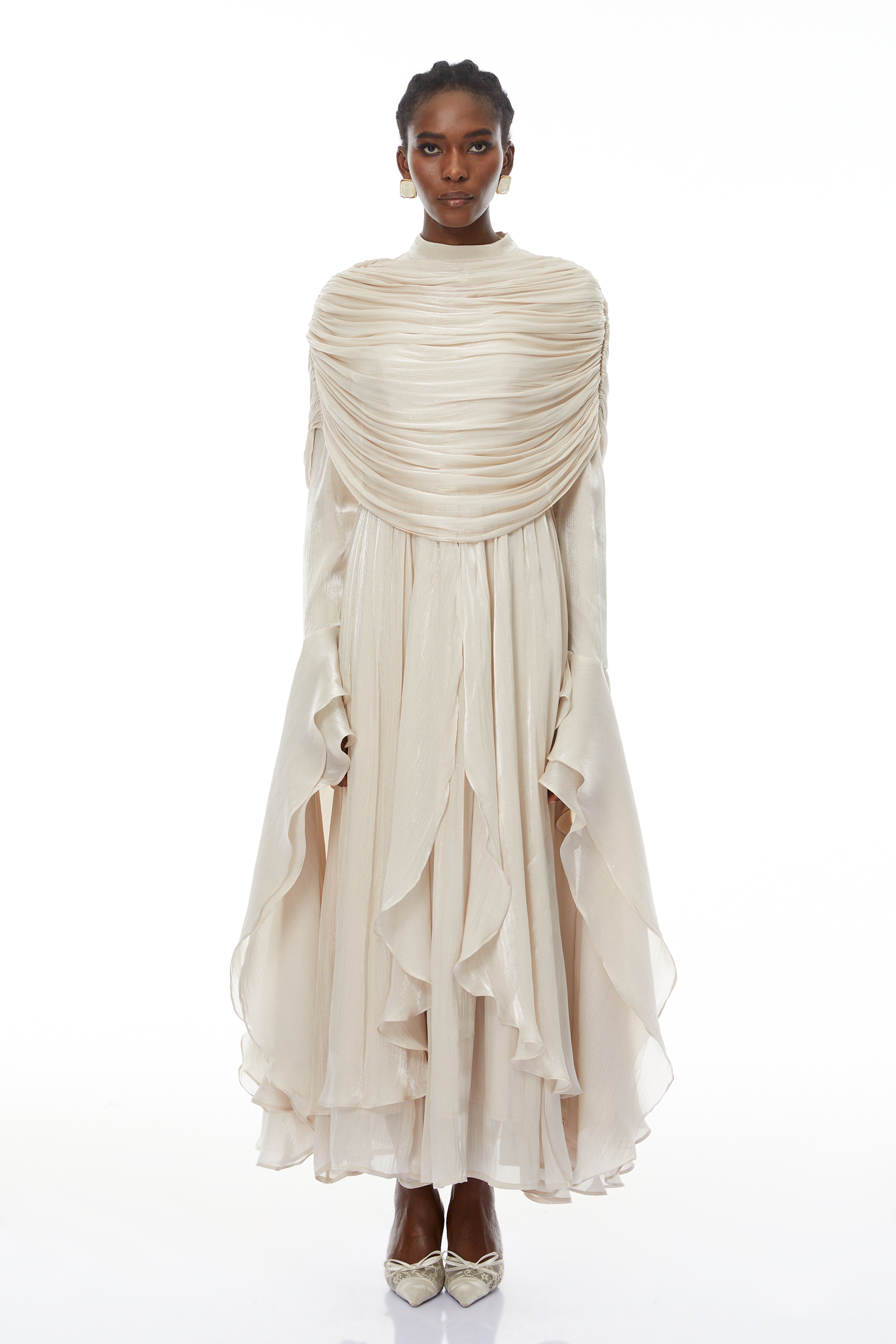 Ruched Cape Ruffled Maxi Dress