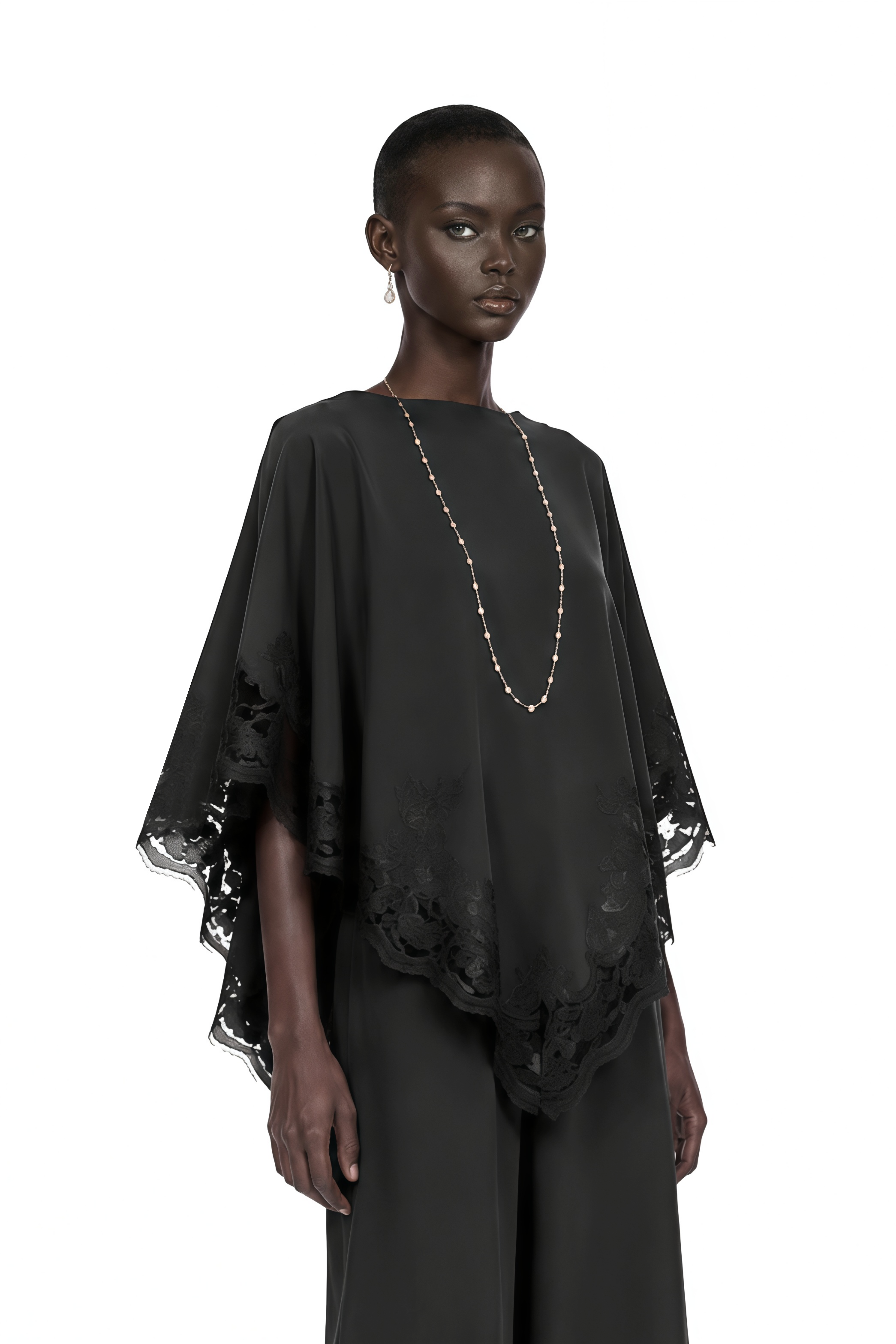 Black high-neck cape top and wide-leg trousers set with lace trim
