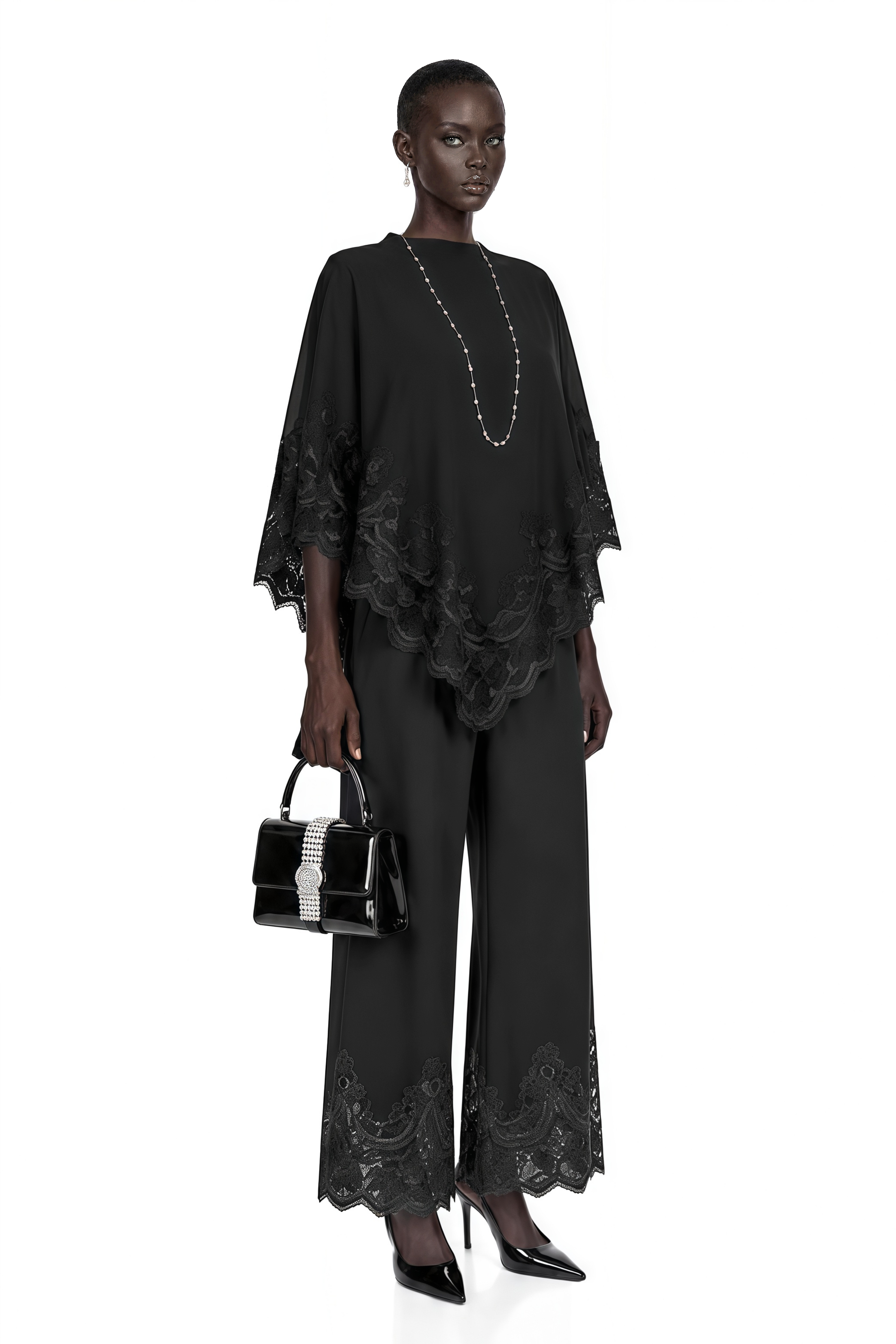 Black high-neck cape top and wide-leg trousers set with lace trim