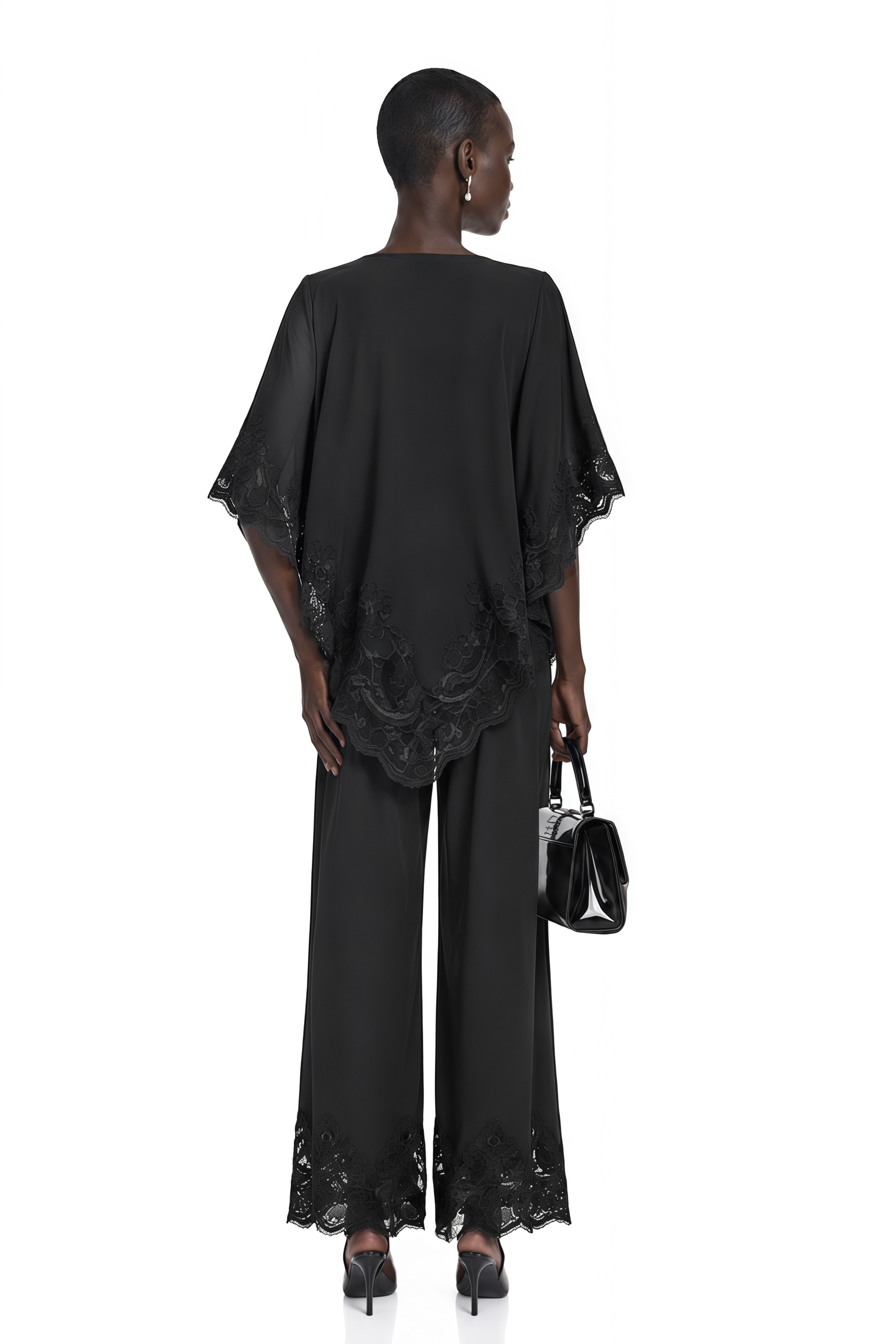 Black high-neck cape top and wide-leg trousers set with lace trim