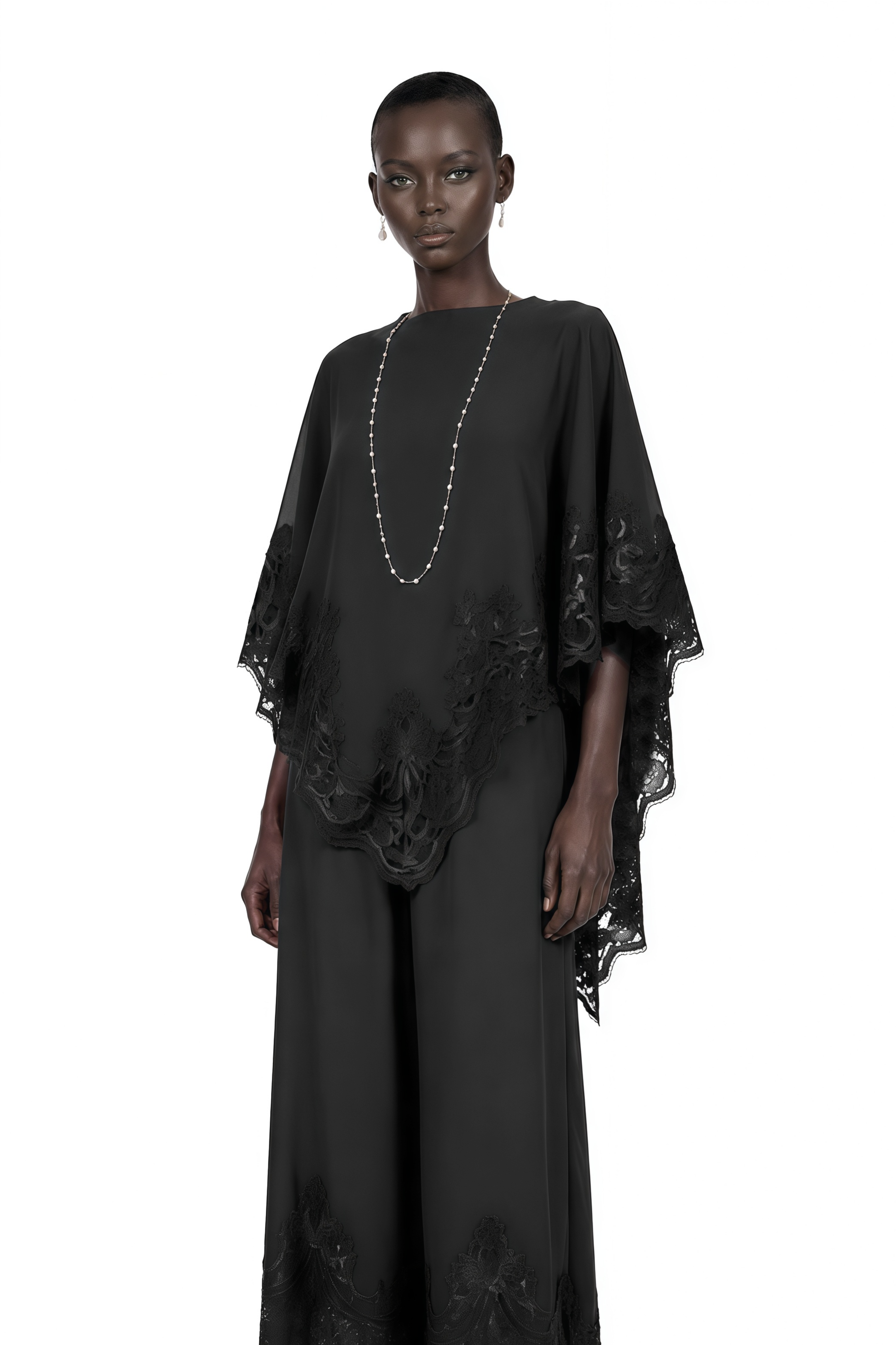 Black high-neck cape top and wide-leg trousers set with lace trim