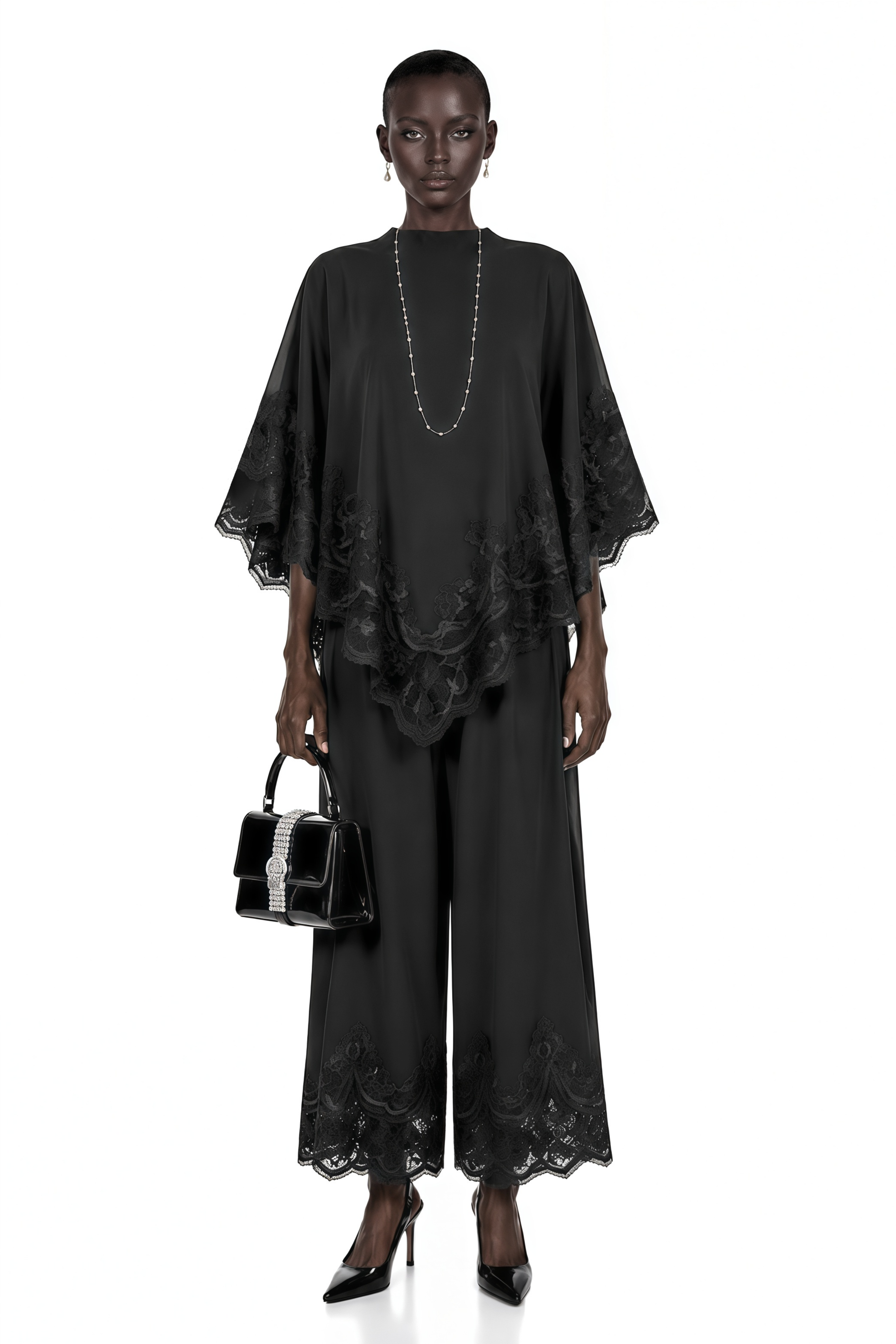 Black high-neck cape top and wide-leg trousers set with lace trim