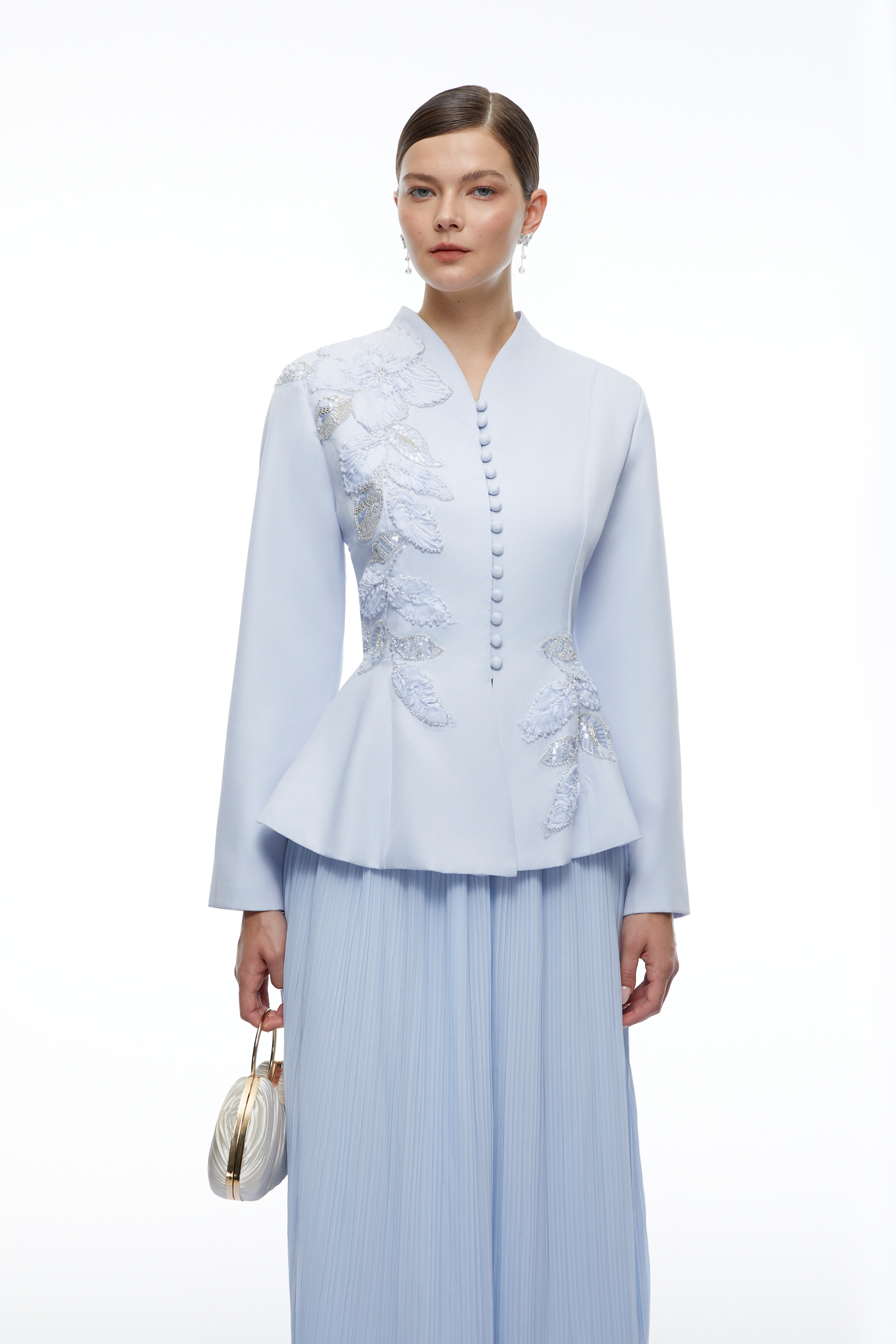 Macie Blue Floral Appliqué Jacket & Skirt Set