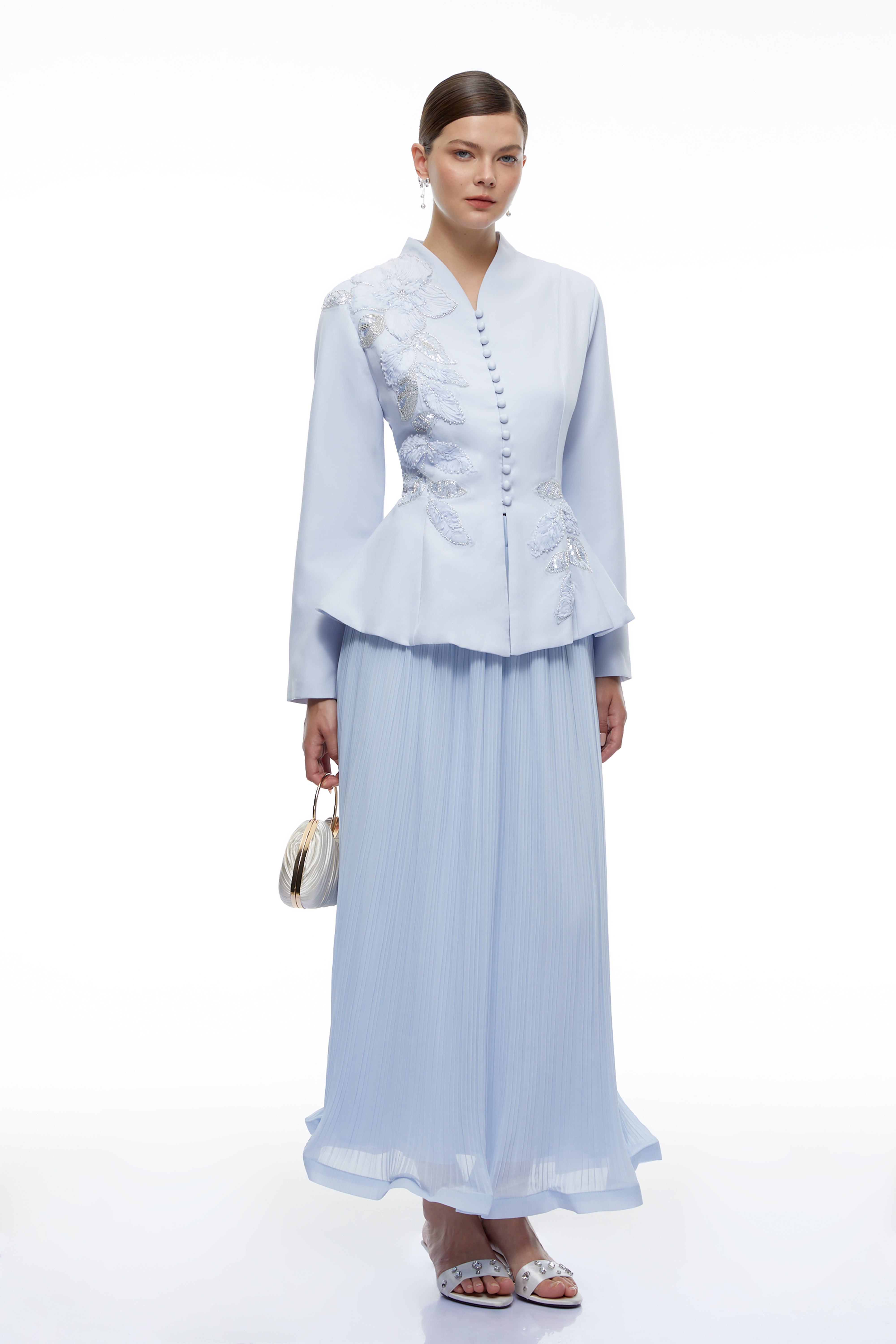 Macie Blue Floral Appliqué Jacket & Skirt Set