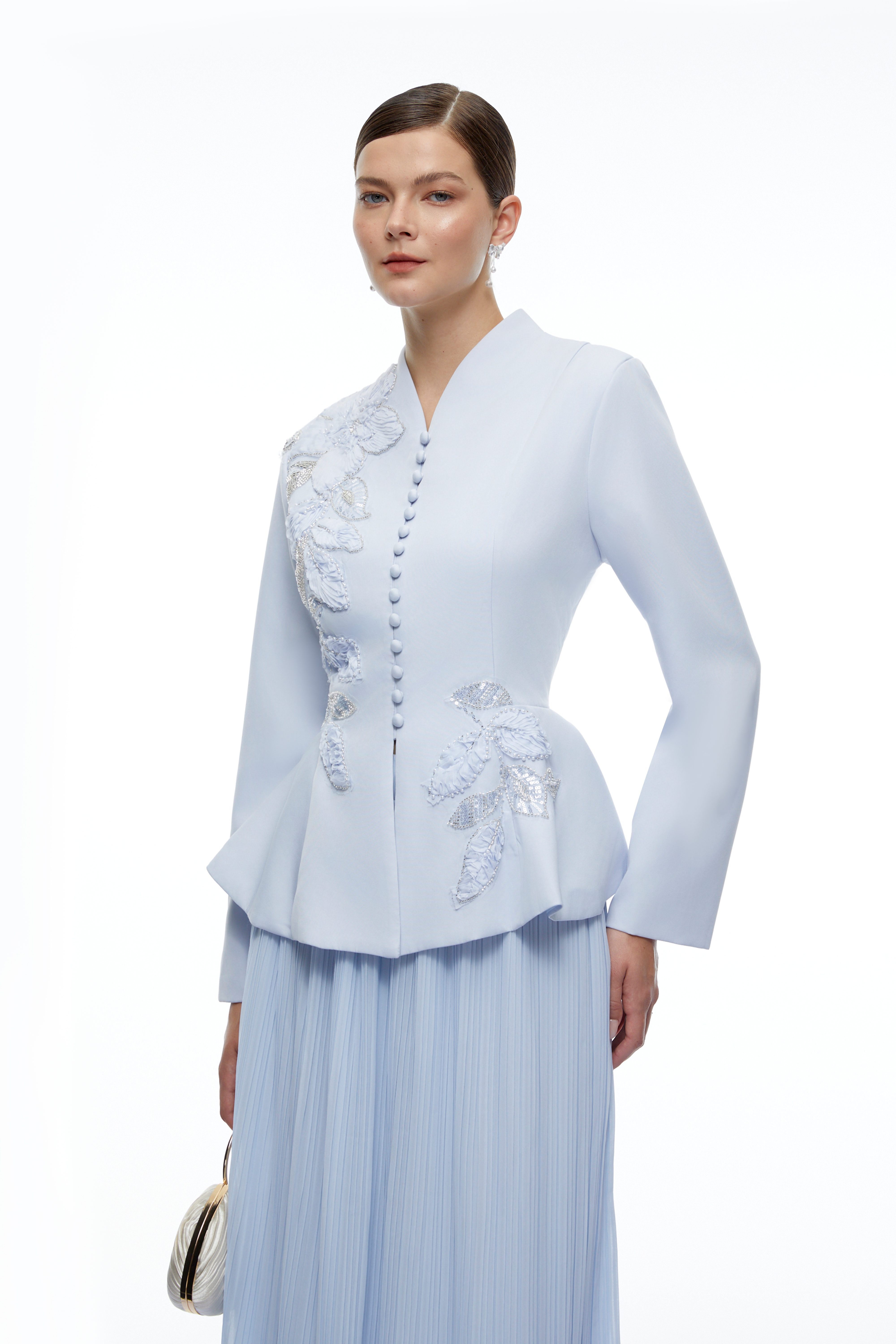 Macie Blue Floral Appliqué Jacket & Skirt Set