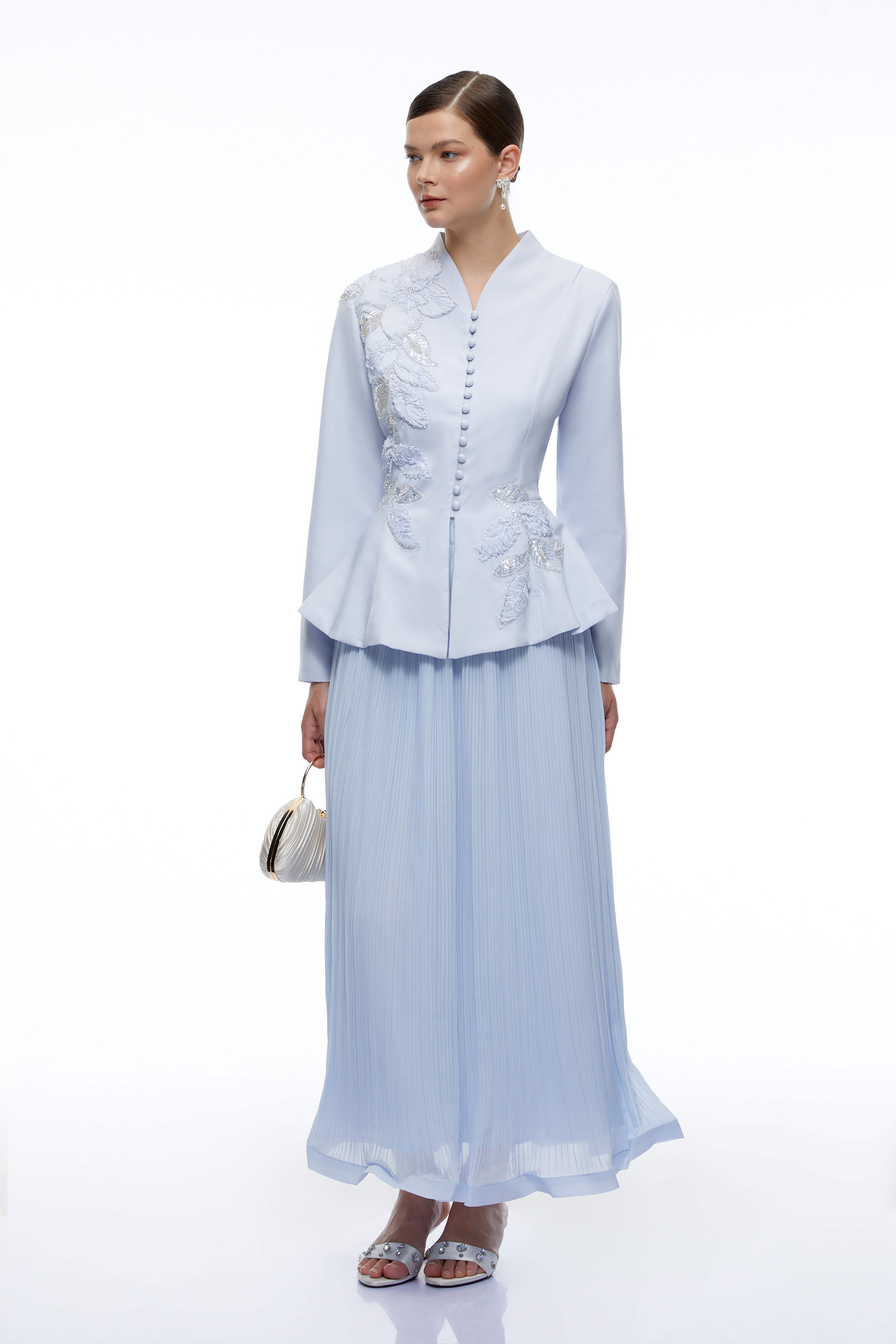 Macie Blue Floral Appliqué Jacket & Skirt Set