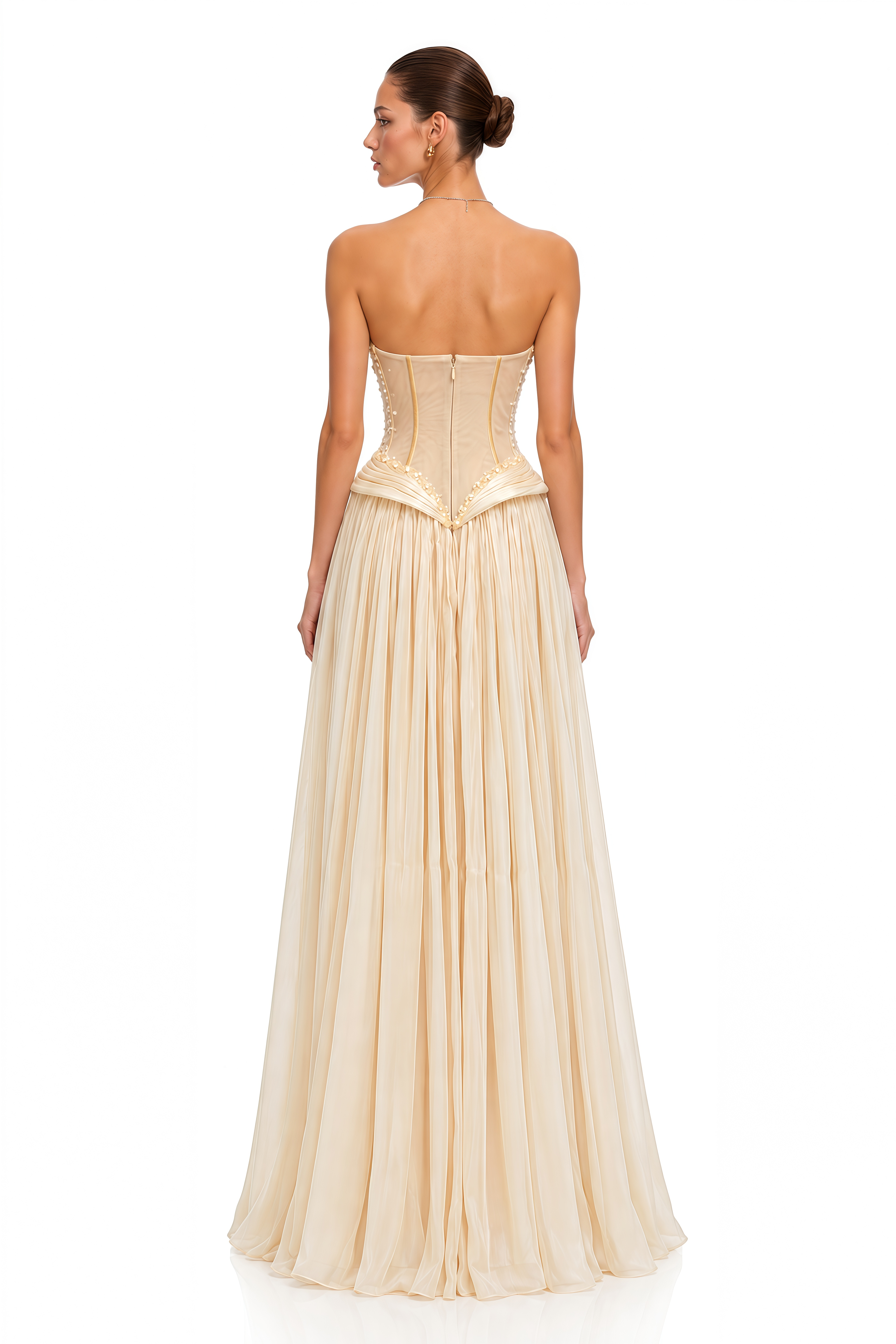 Madilynn Champagne Crystal-Embellished Sheer Corset Maxi Gown