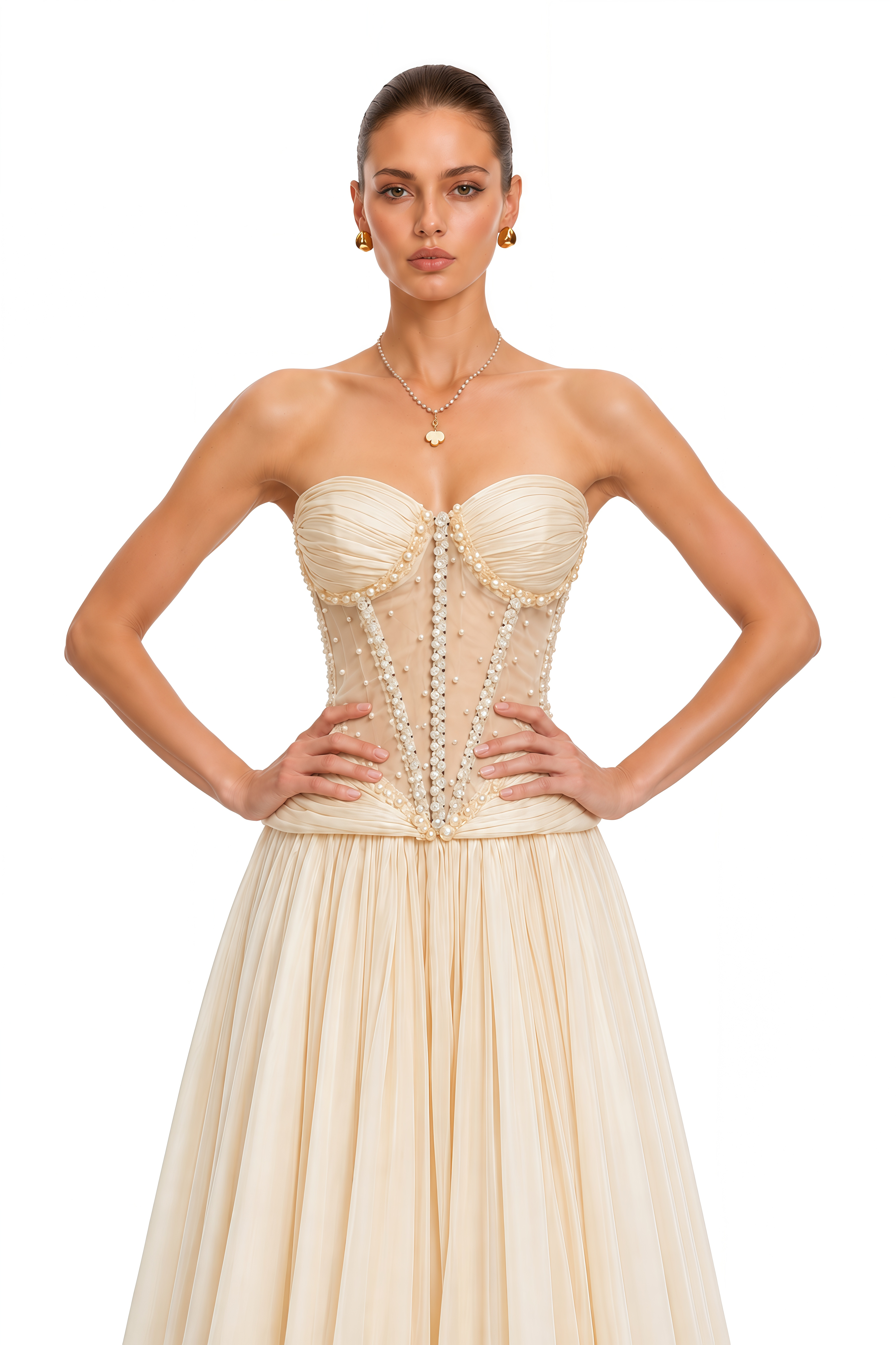 Madilynn Champagne Crystal-Embellished Sheer Corset Maxi Gown