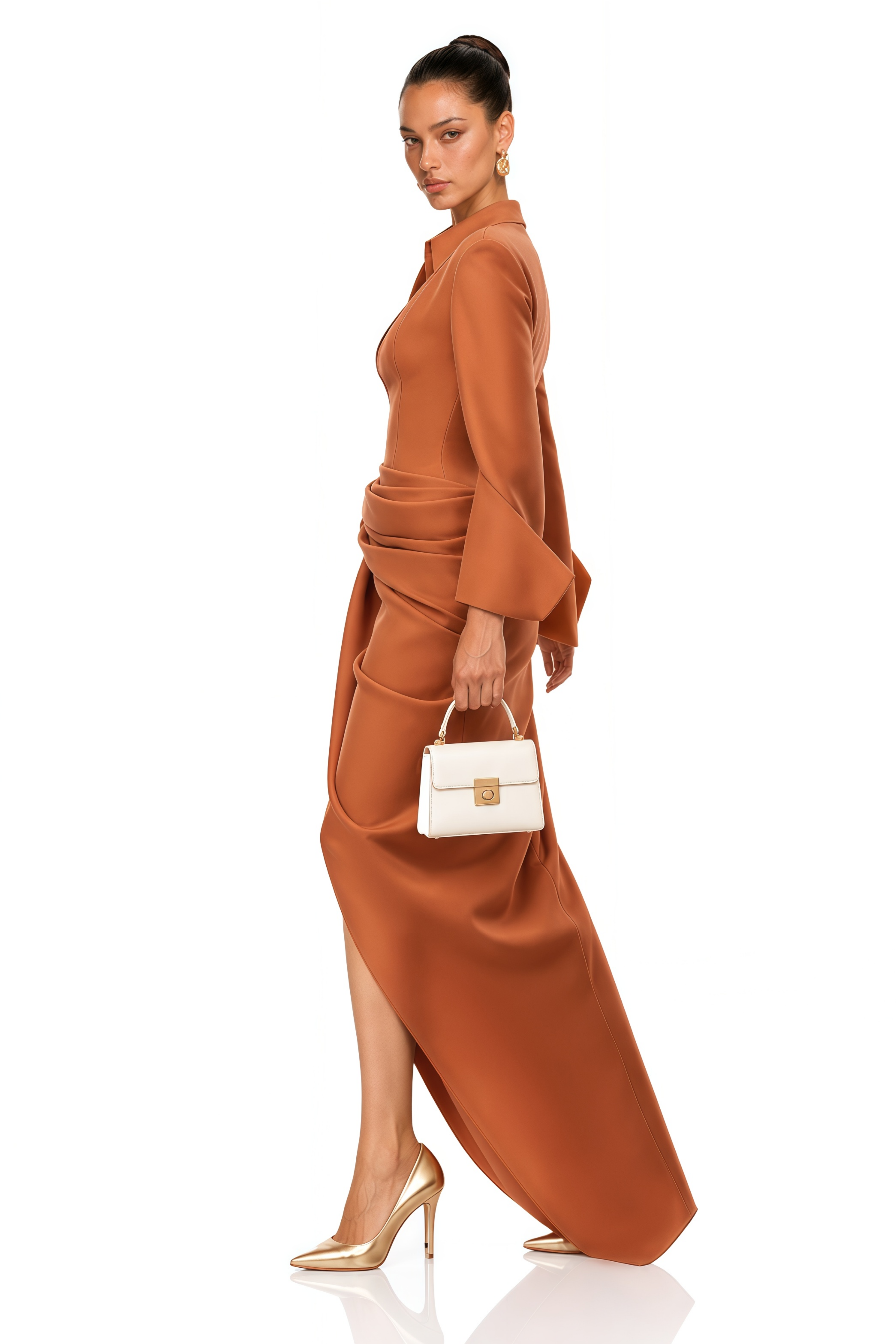 Madisson Brown Draped High-Slit Maxi Dress with Flared Sleeves