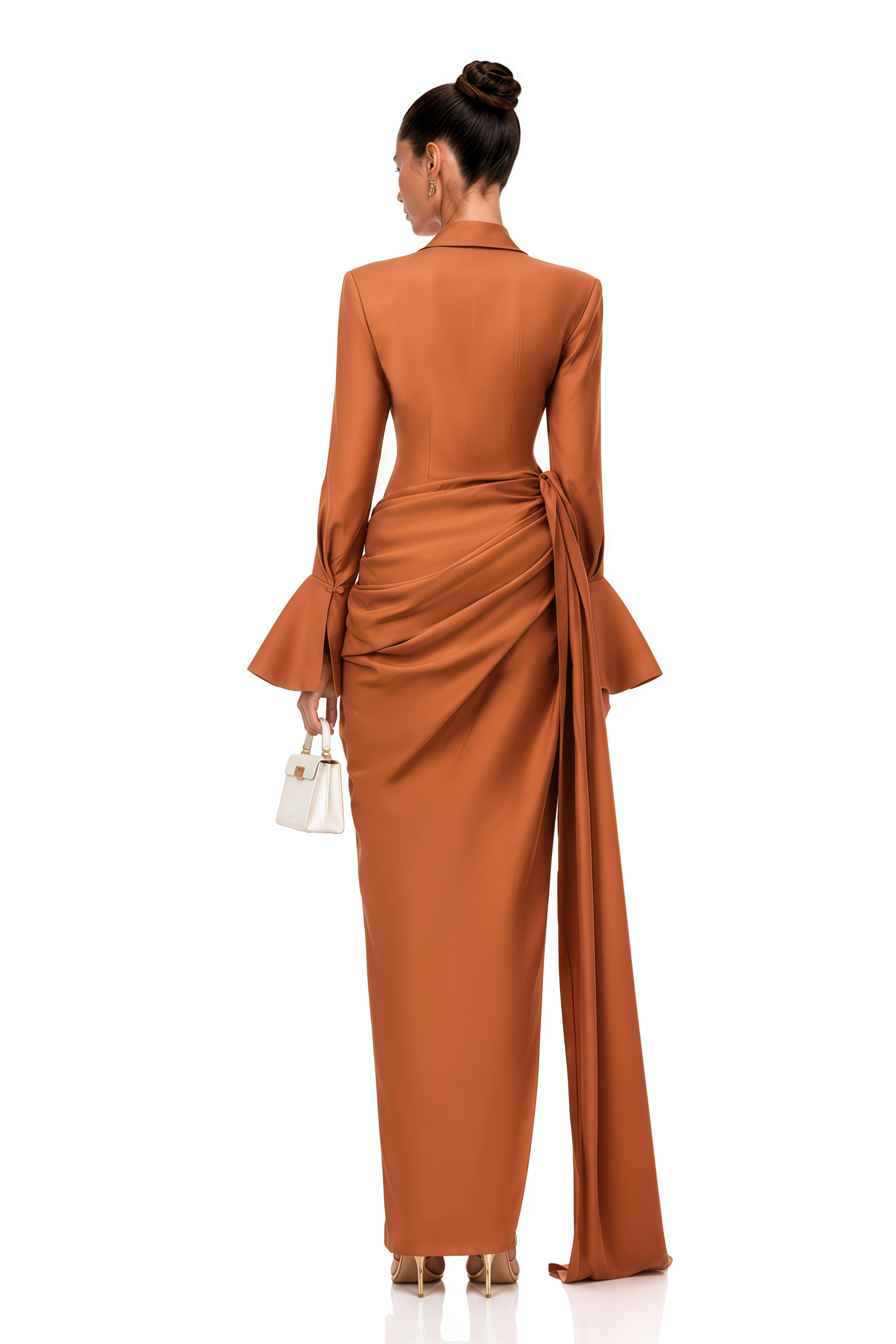 Madisson Brown Draped High-Slit Maxi Dress with Flared Sleeves