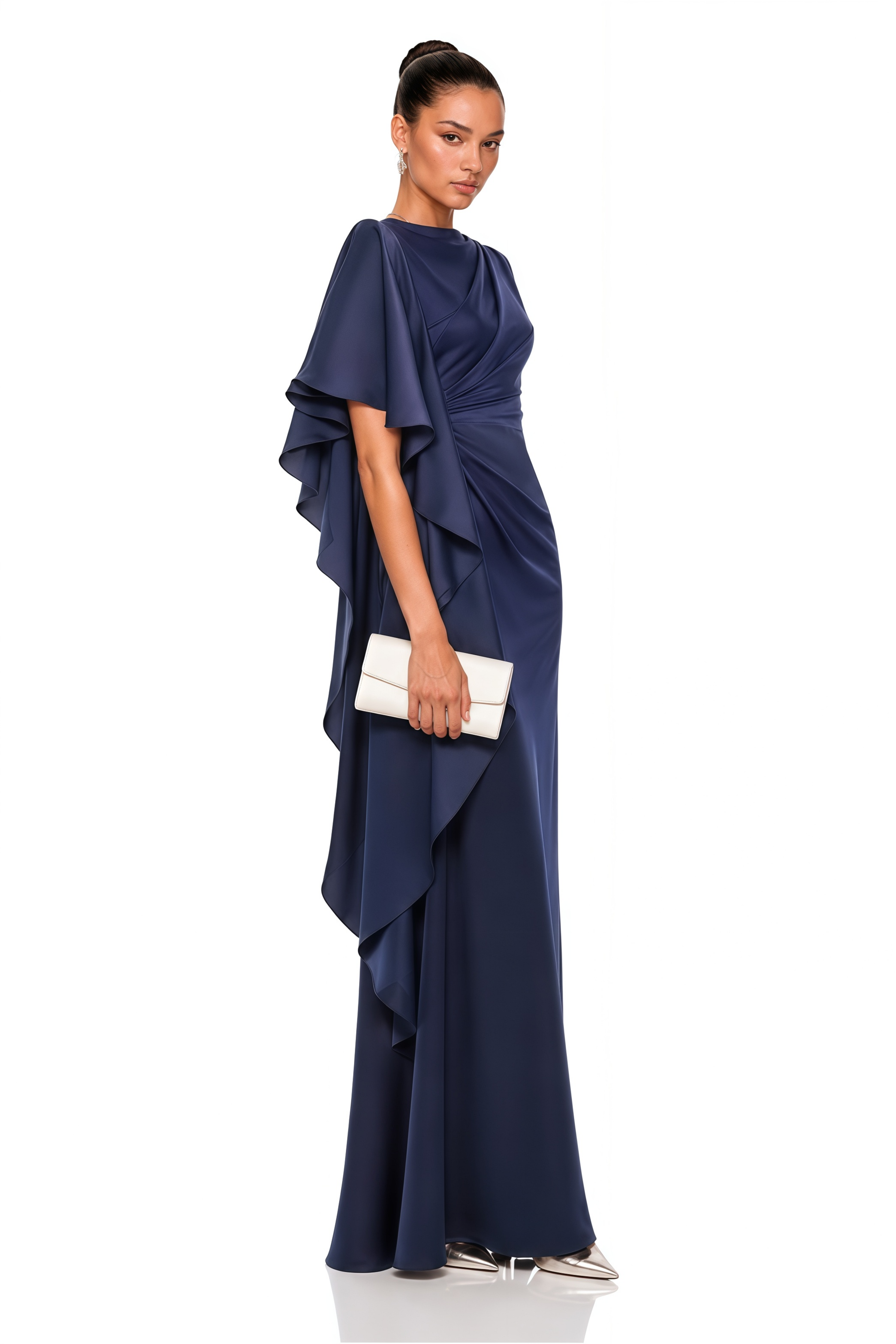 Maeve Navy One Shoulder Draped Cape Maxi Dress