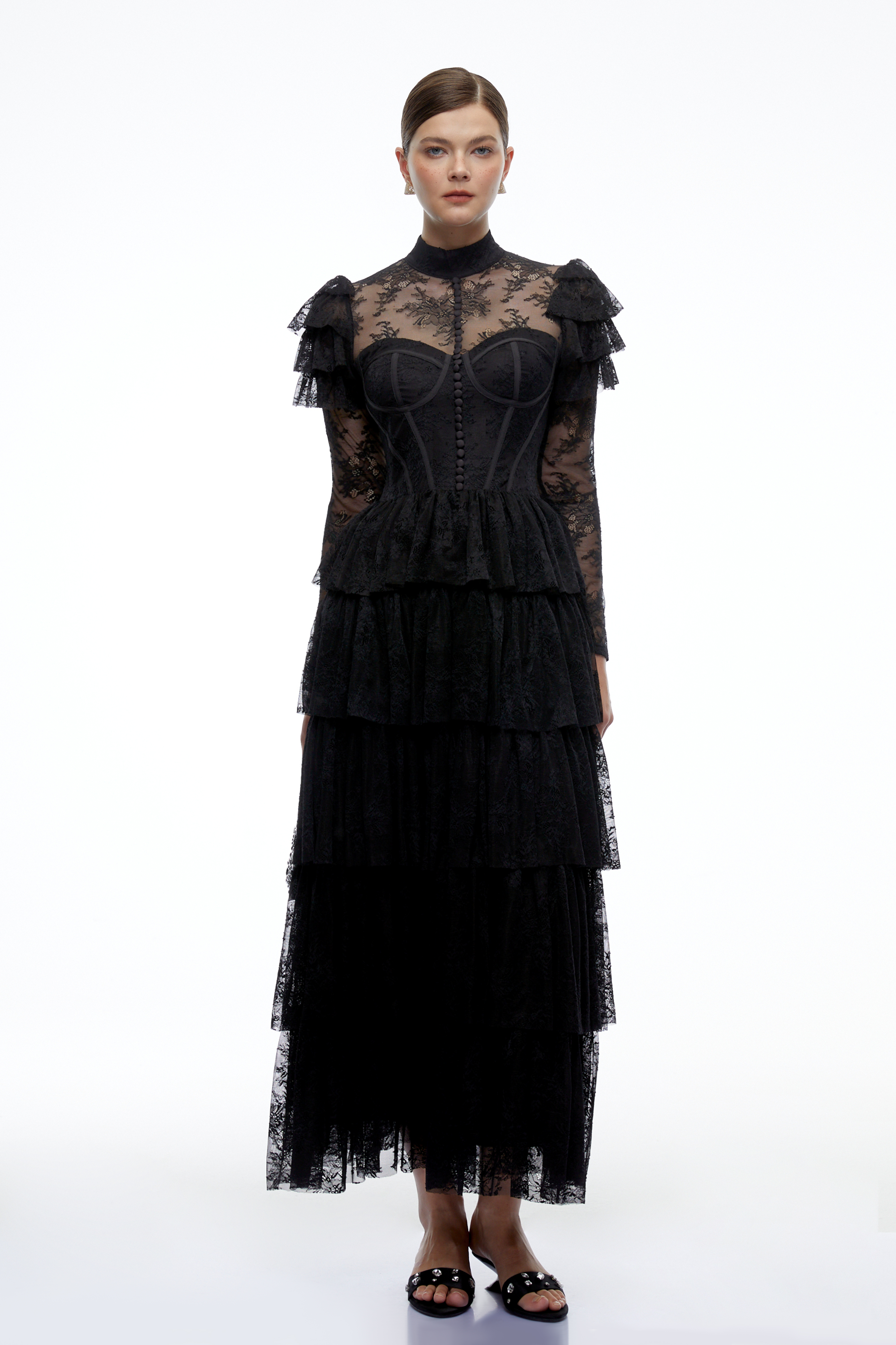 Maggie Black Lace Ruffled Maxi Dress