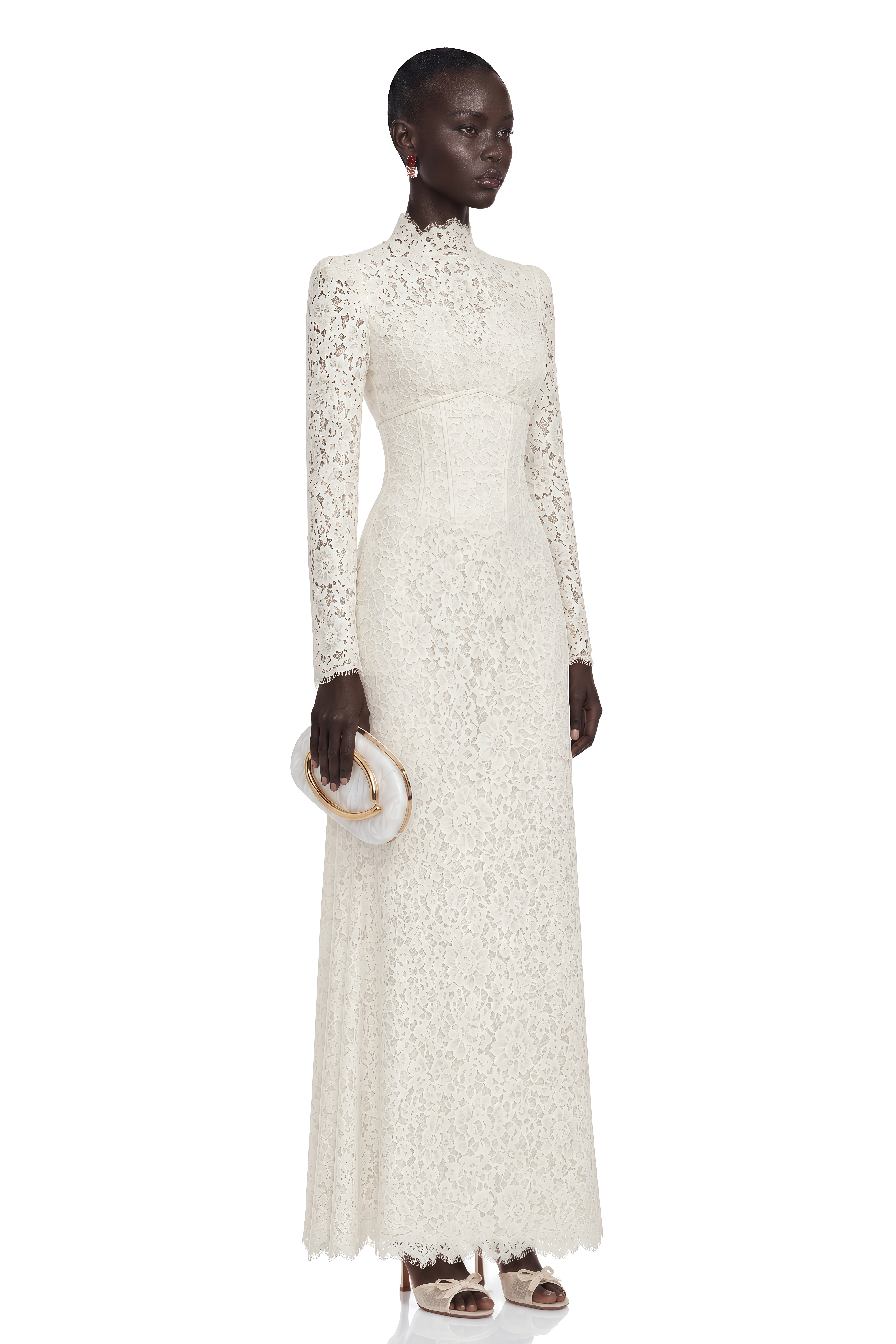 Maggie Ivory High Neck Floral Lace Maxi Dress