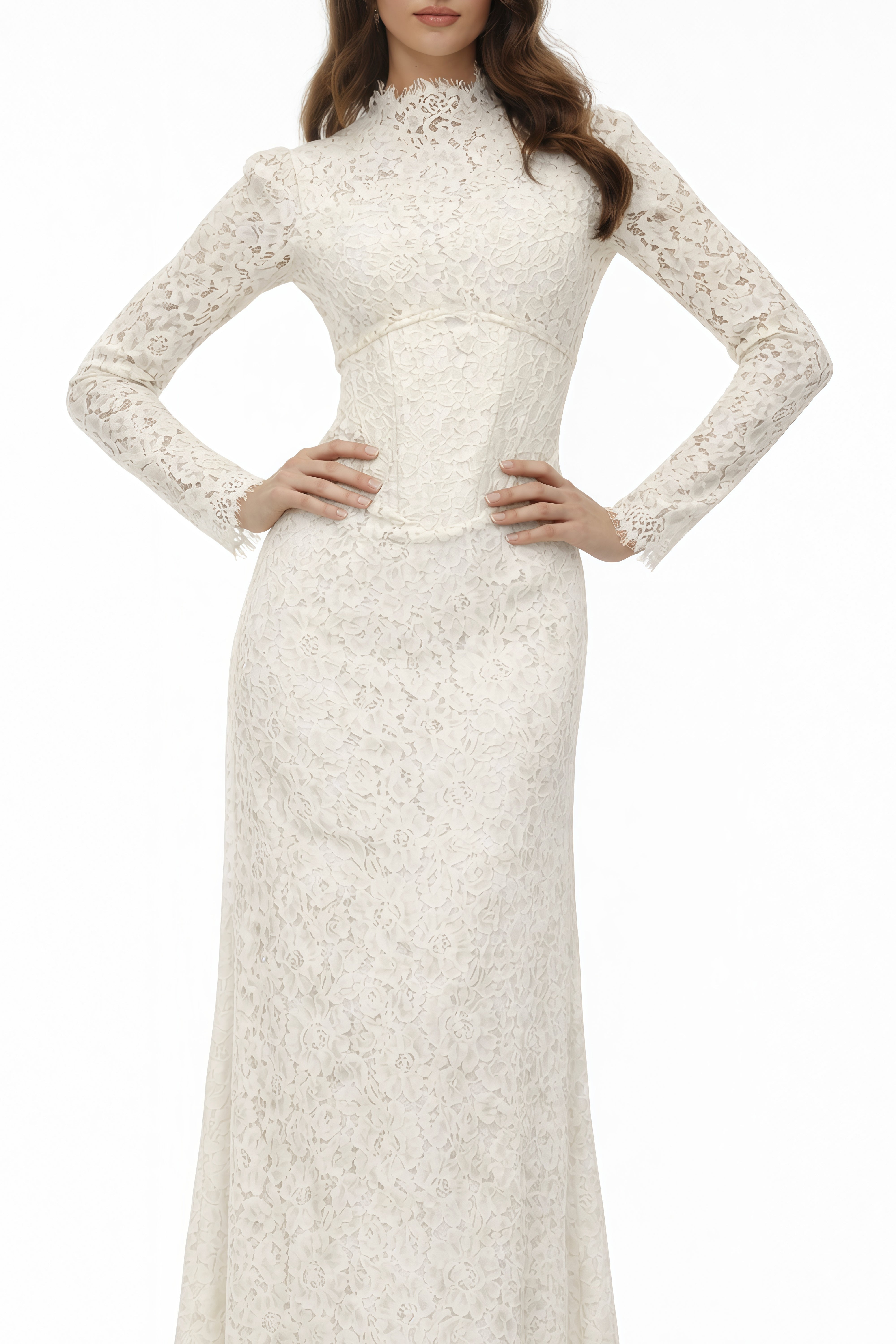 White lace maxi dress with a high neckline, long sleeves, and a corset bodice