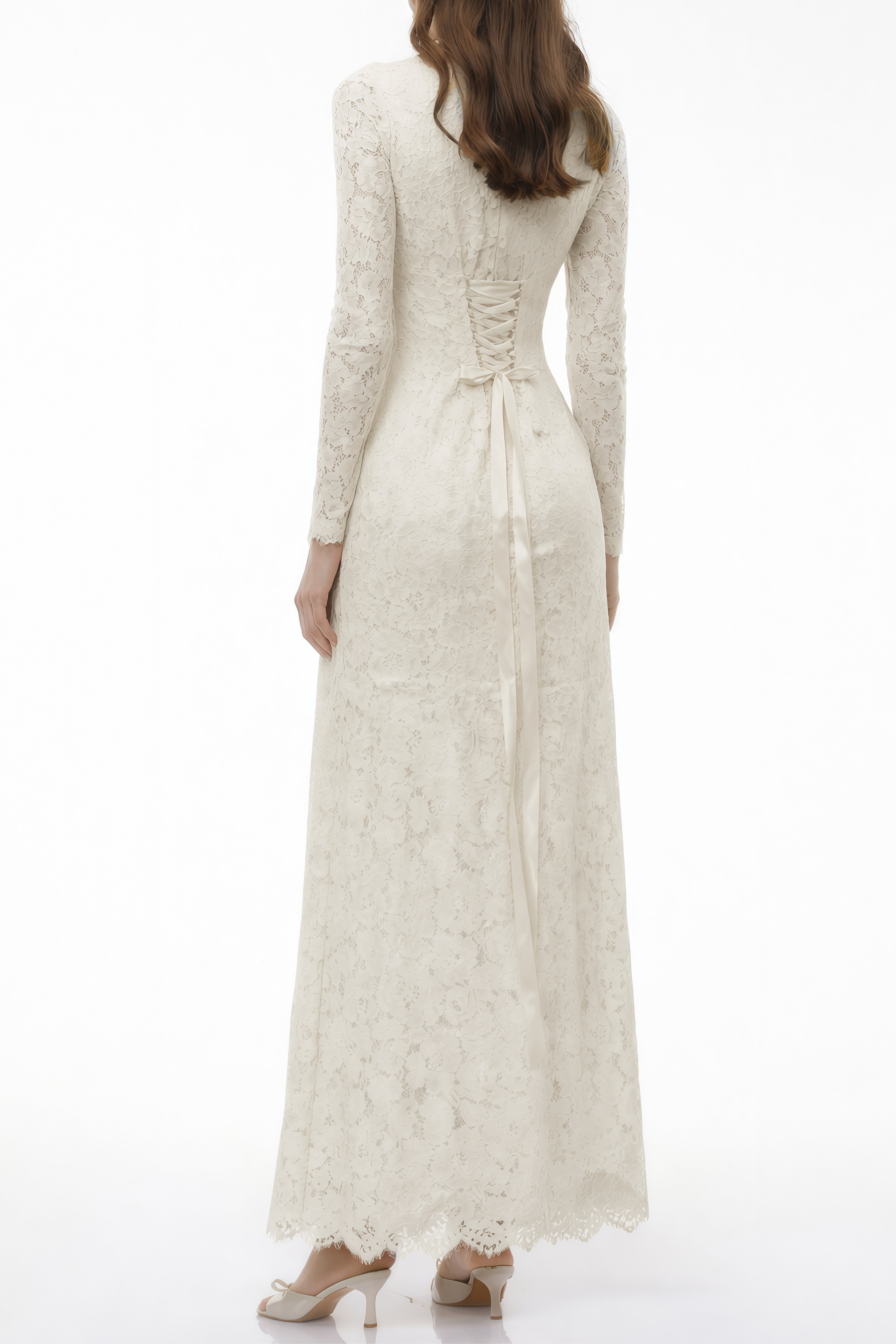 White lace maxi dress with a high neckline, long sleeves, and a corset bodice