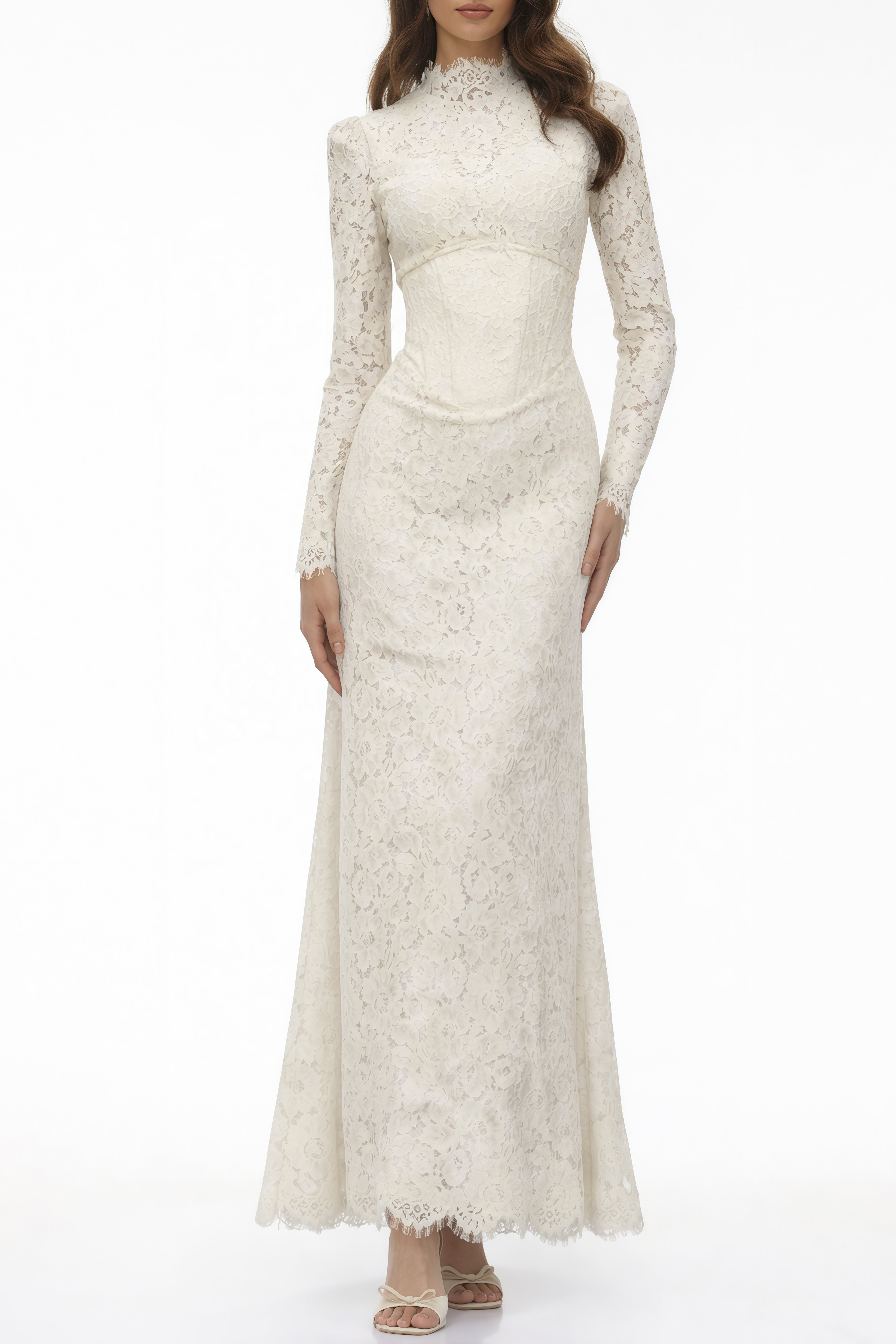 White lace maxi dress with a high neckline, long sleeves, and a corset bodice