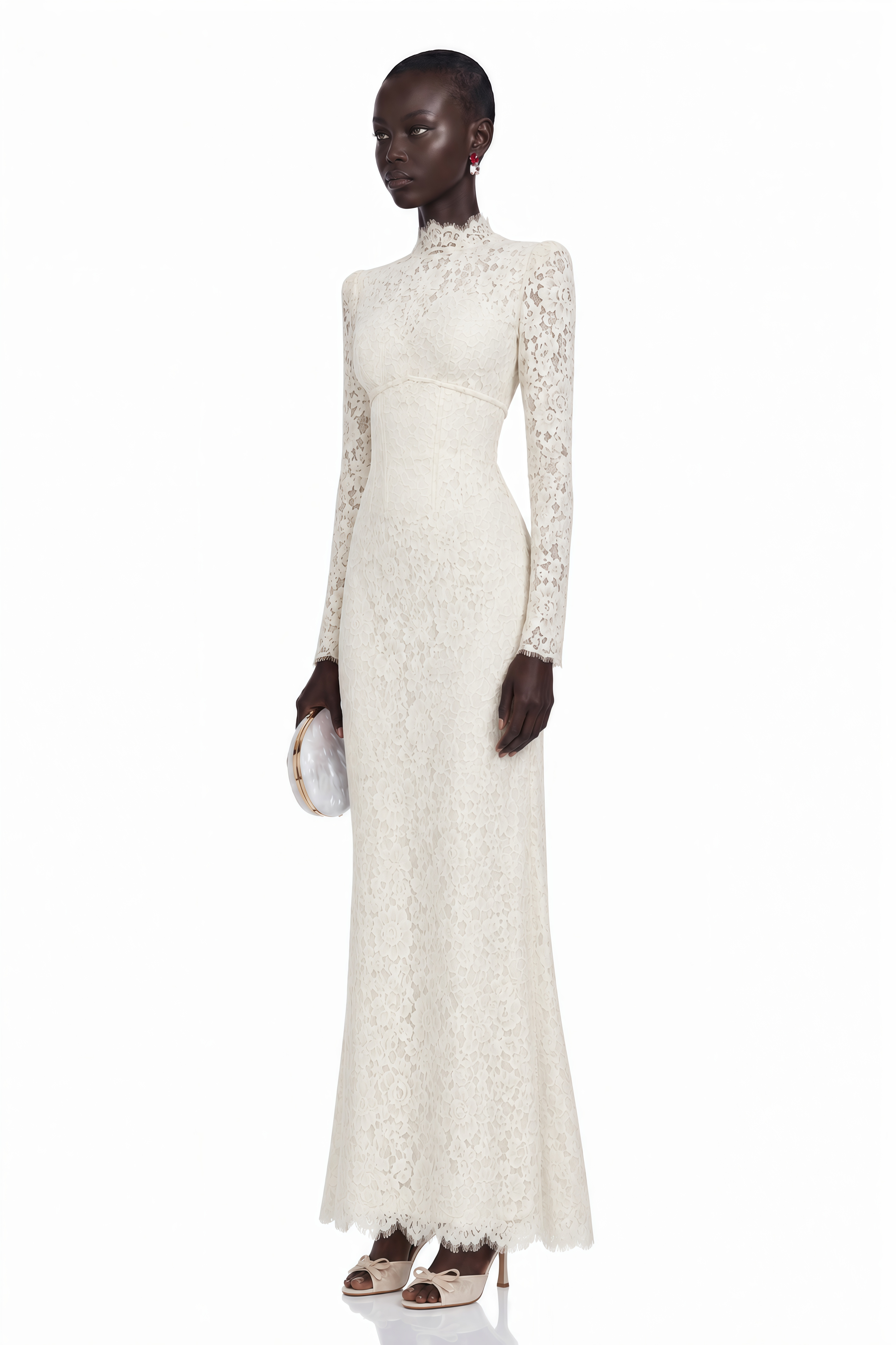 Cream long-sleeve lace gown with a high neck and structured bodice