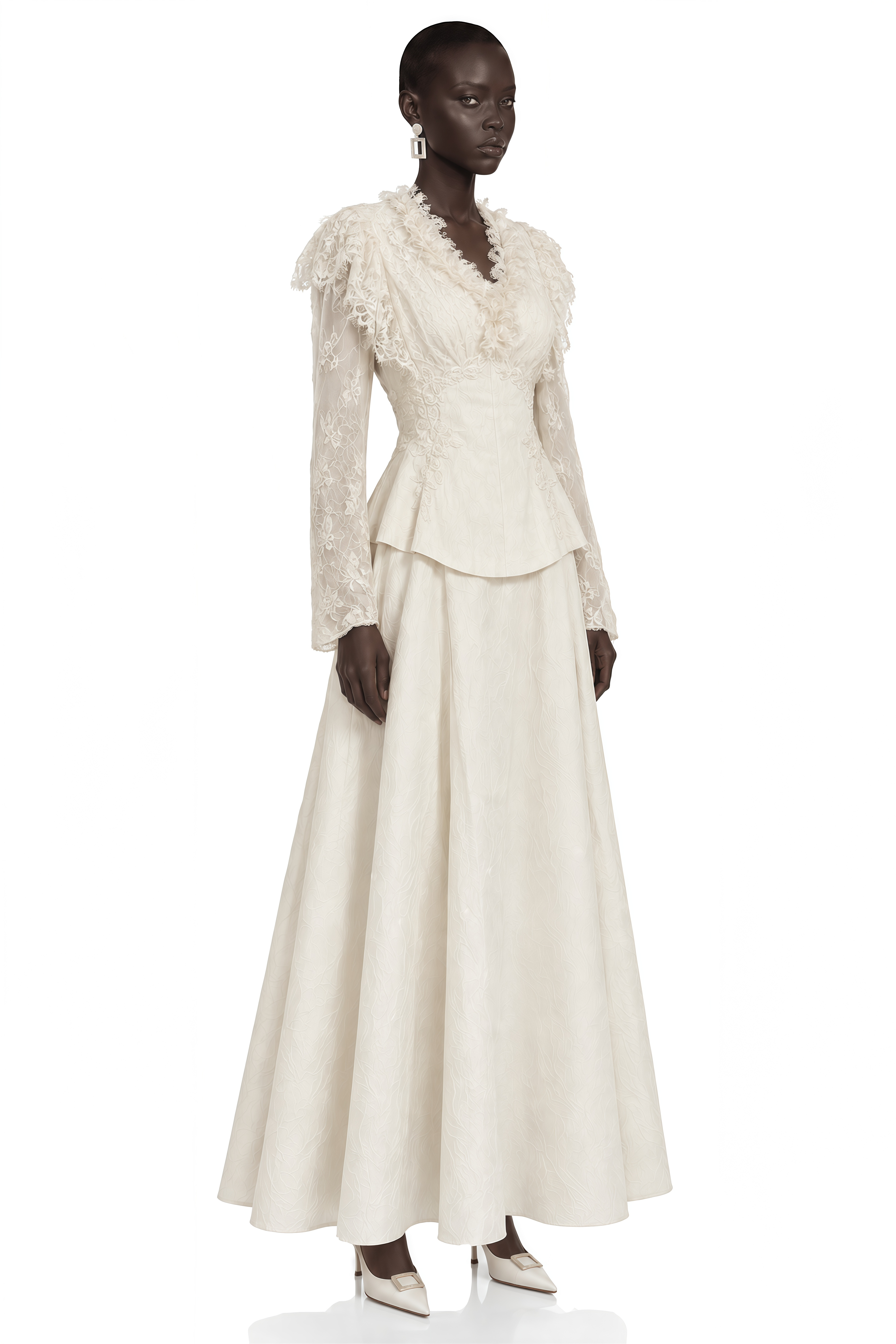 Magnolia Neutral Lace Ruffle Blouse & Maxi Skirt Set