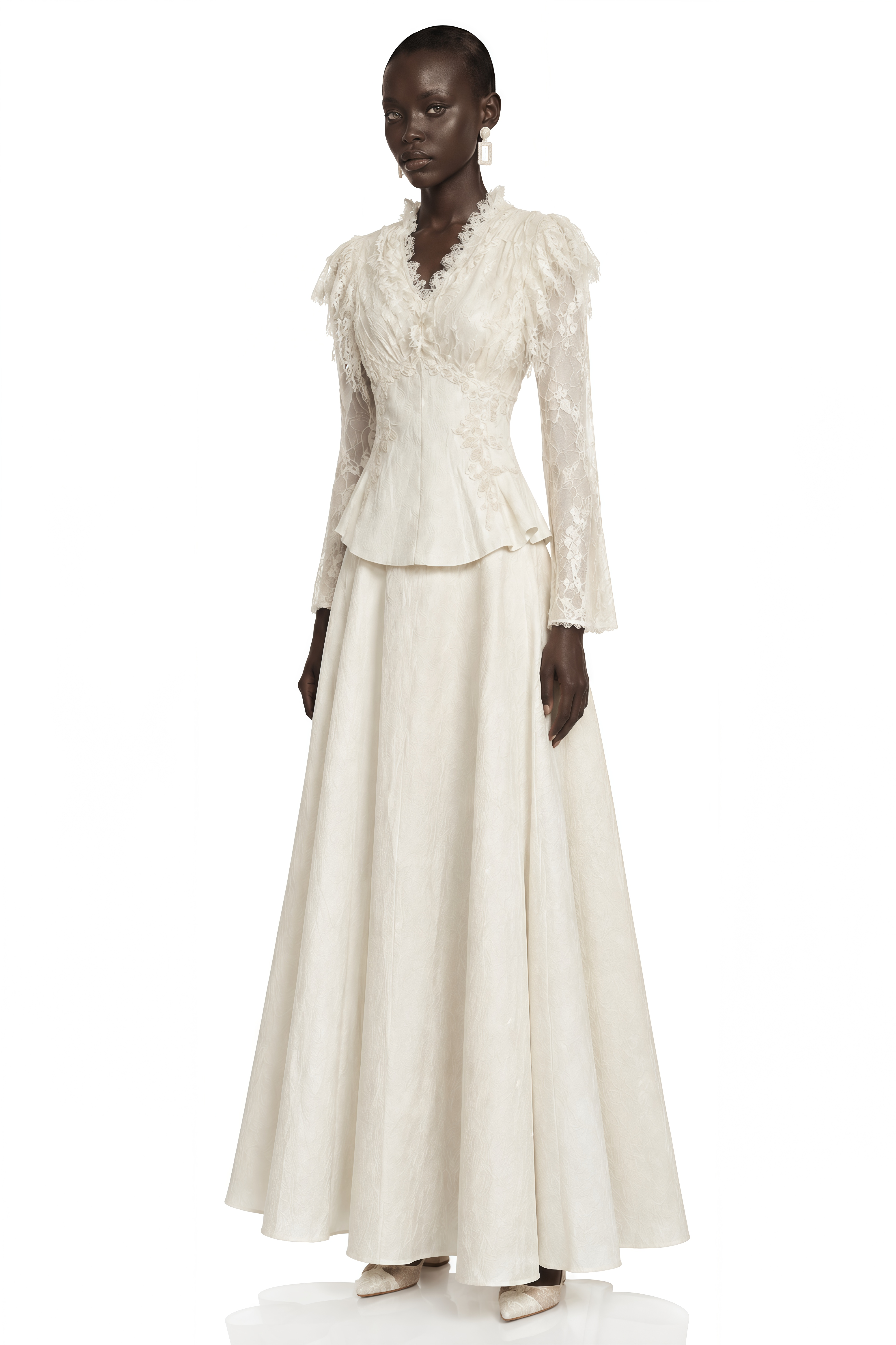 Magnolia Neutral Lace Ruffle Blouse & Maxi Skirt Set