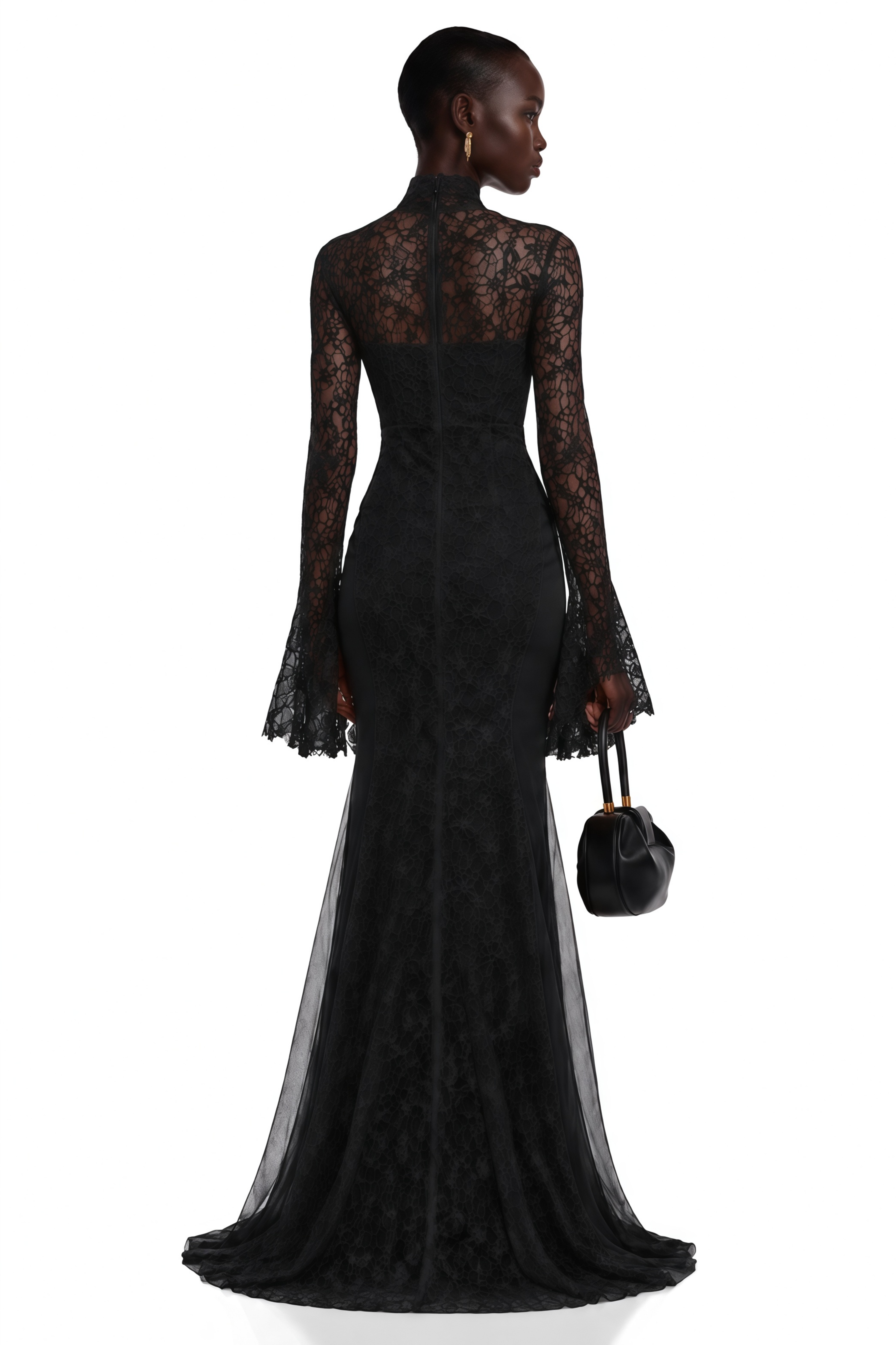 Black lace mermaid maxi dress with a sweetheart bodice and long-sleeve lace shrug