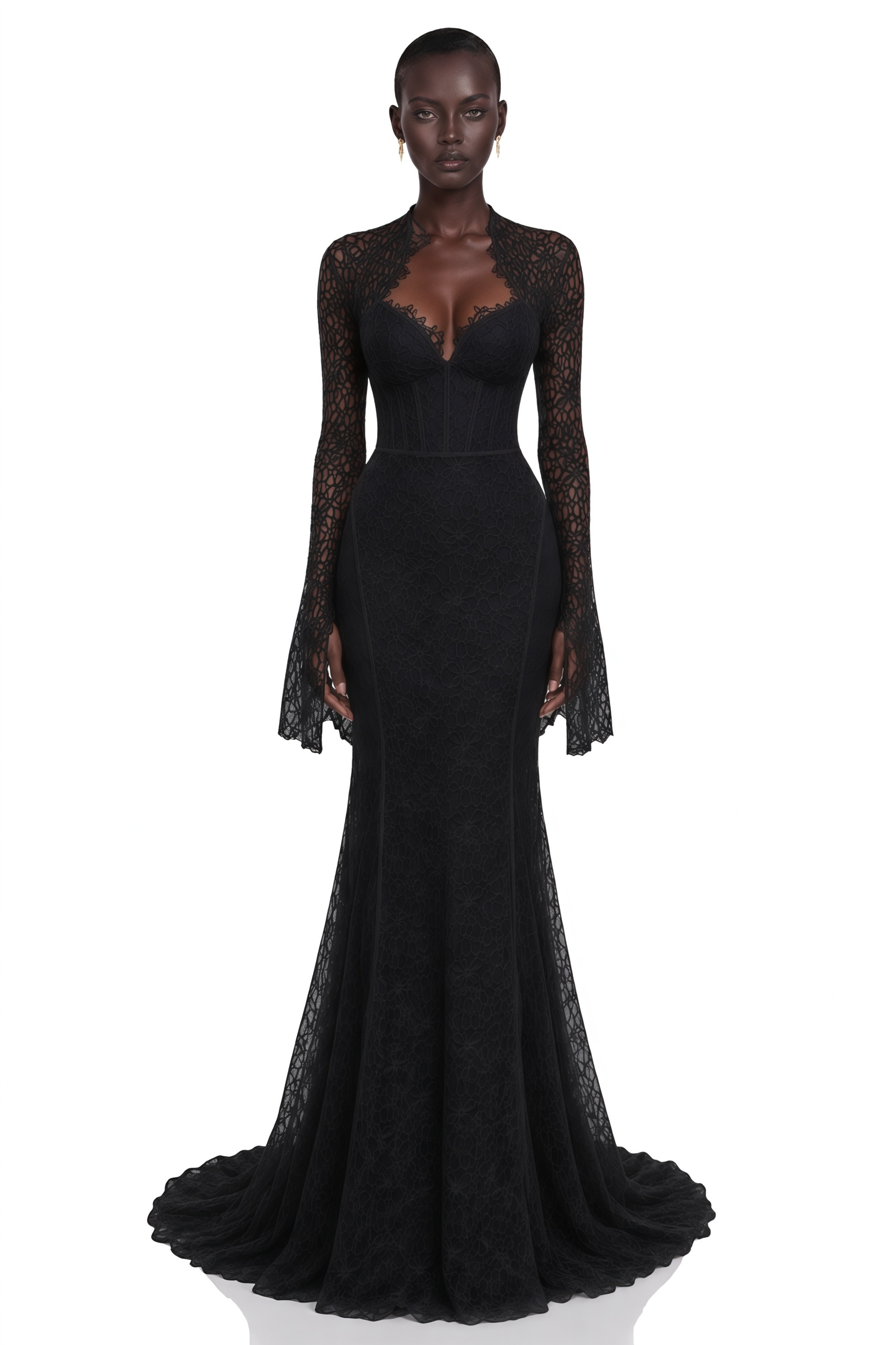 Black lace mermaid maxi dress with a sweetheart bodice and long-sleeve lace shrug