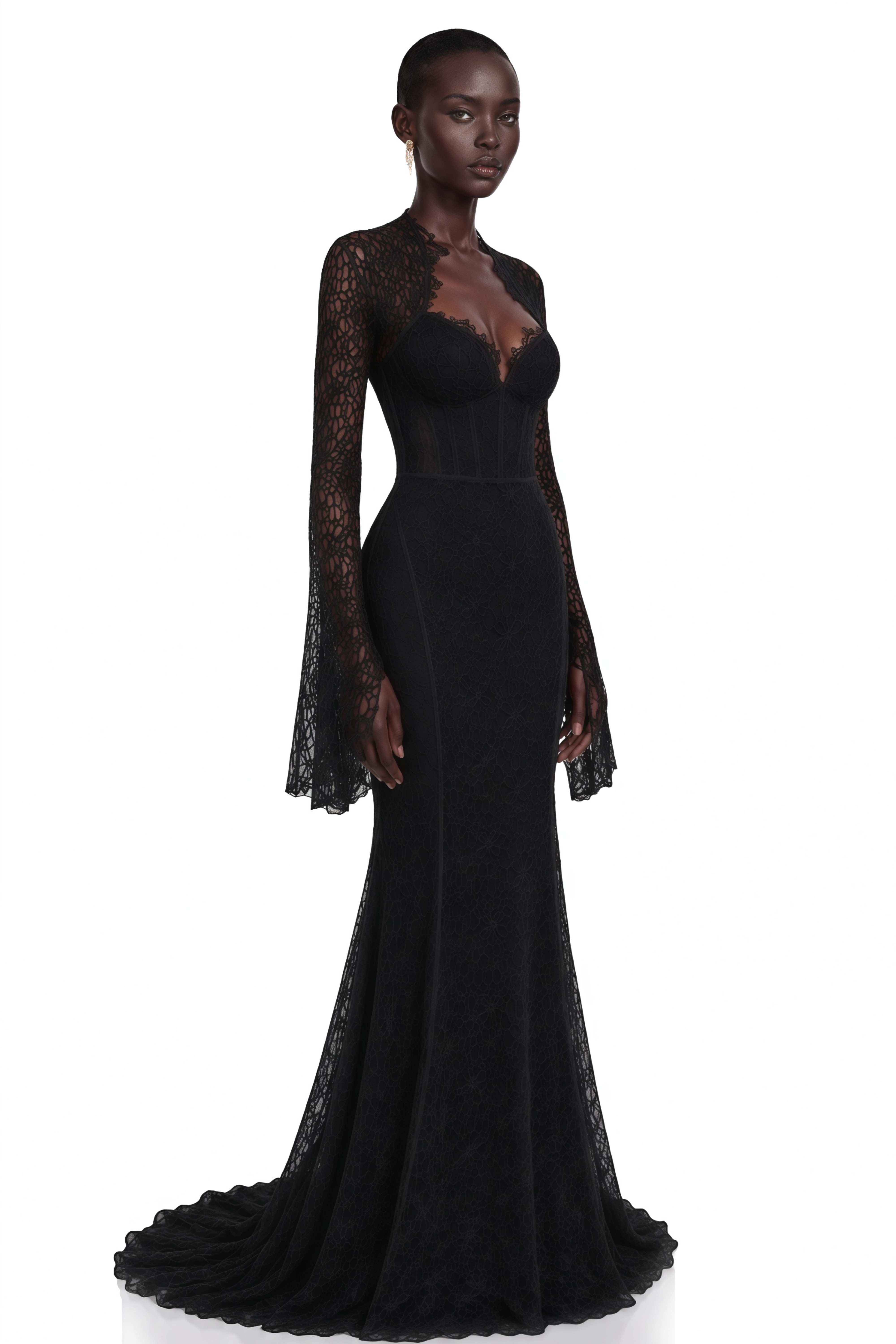 Black lace mermaid maxi dress with a sweetheart bodice and long-sleeve lace shrug
