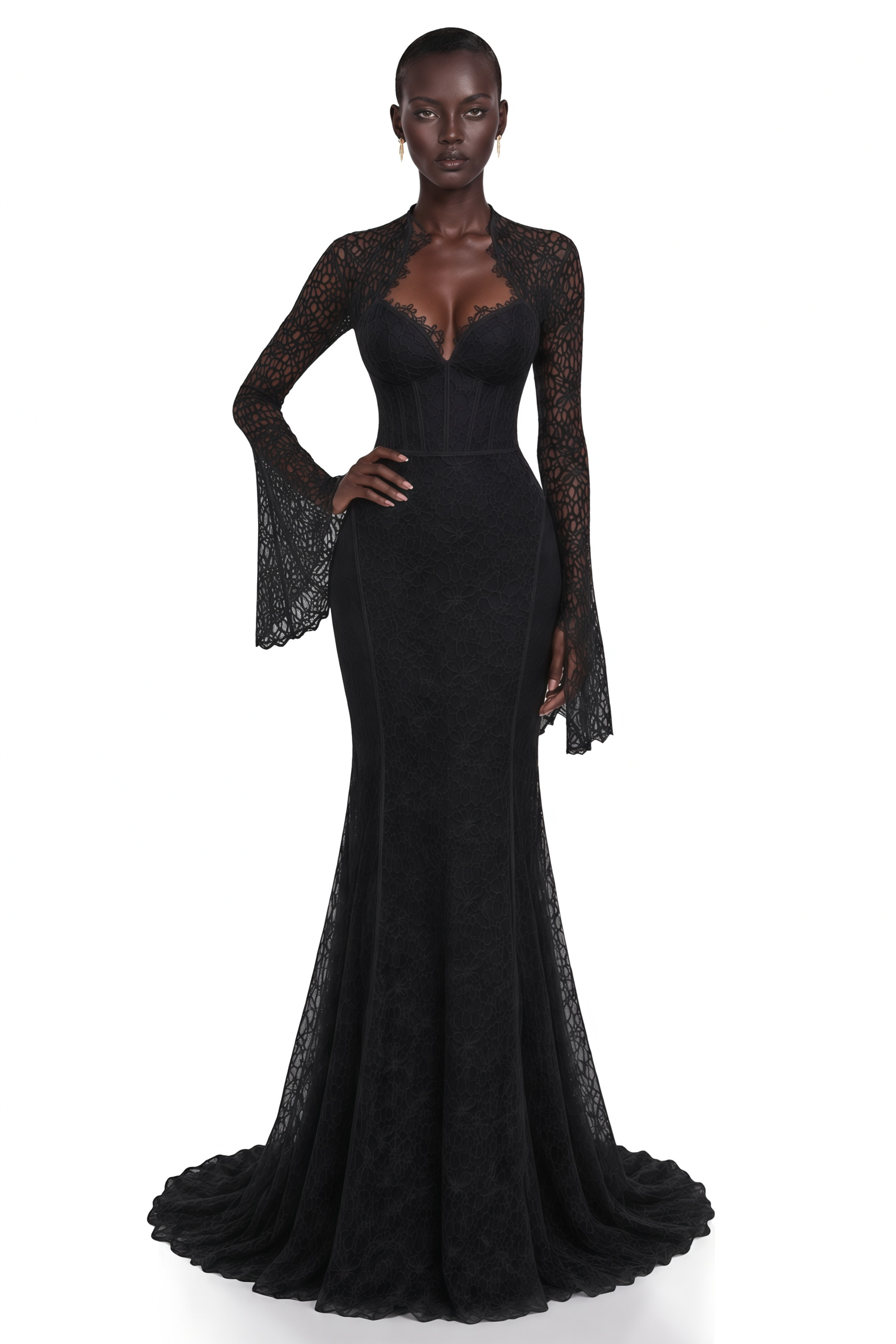 Black lace mermaid maxi dress with a sweetheart bodice and long-sleeve lace shrug