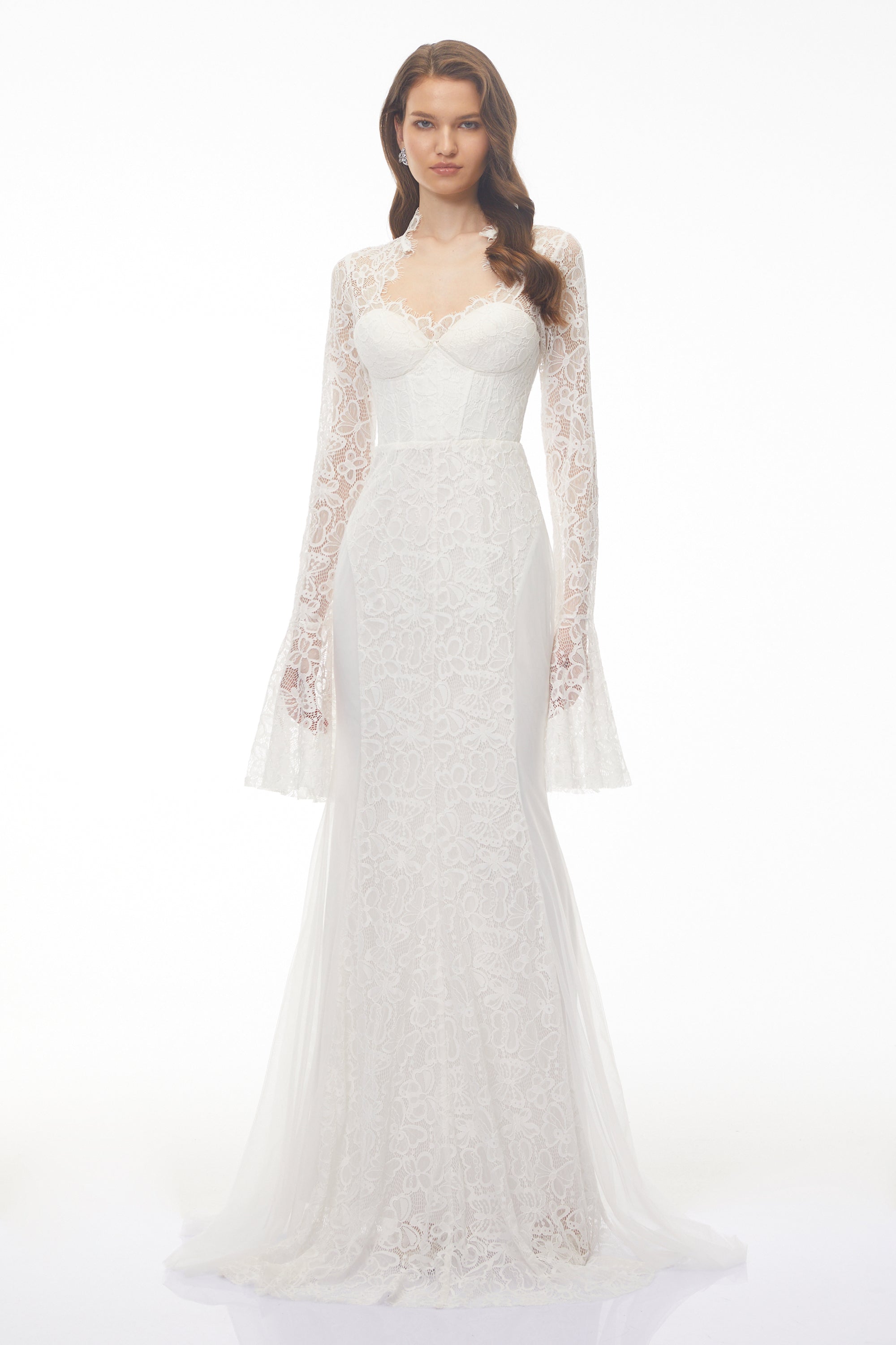 White Lace Layered Mini Dress with Lantern Sleeves and Ruffled Skirt