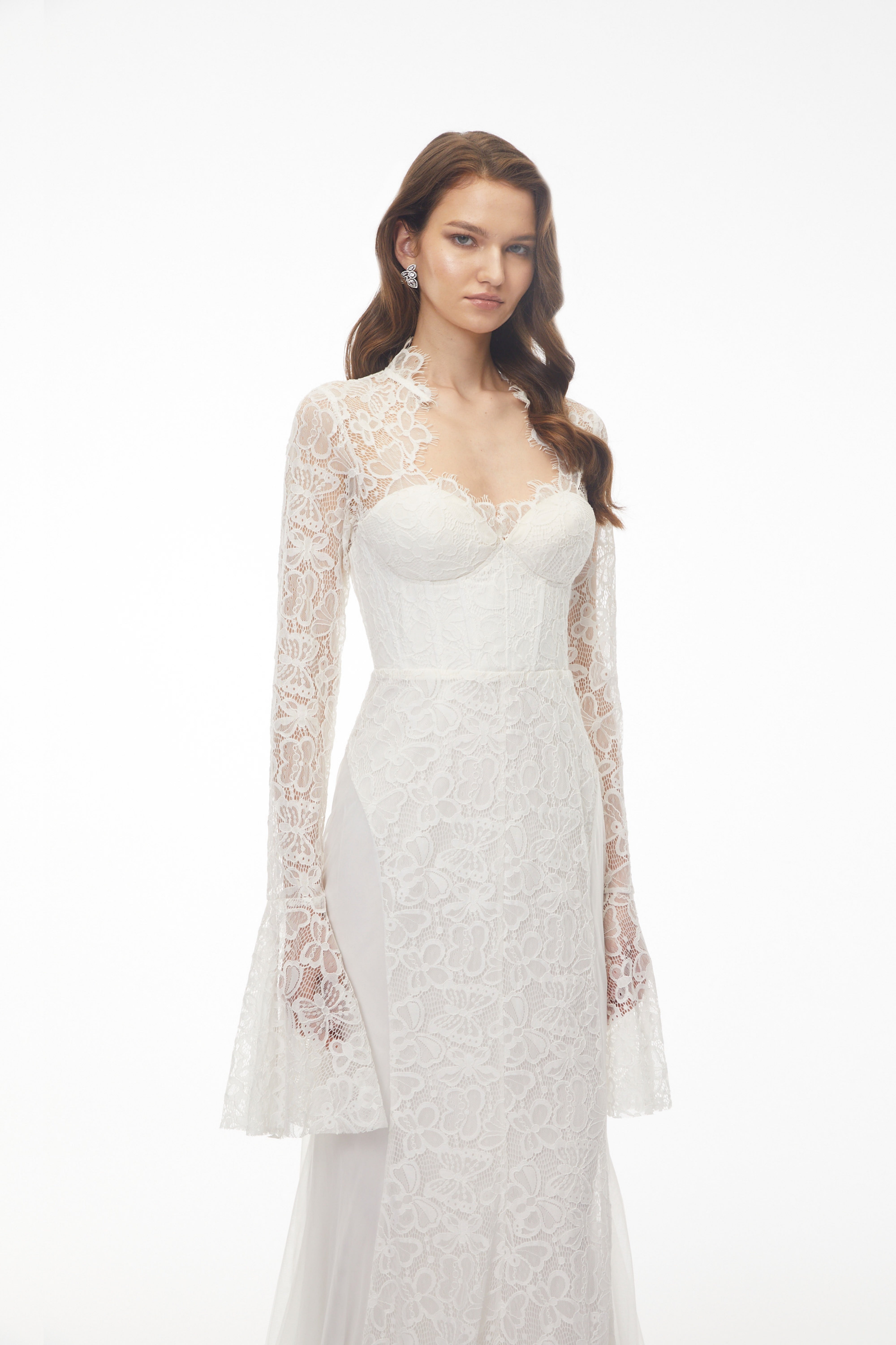 White Lace Layered Mini Dress with Lantern Sleeves and Ruffled Skirt