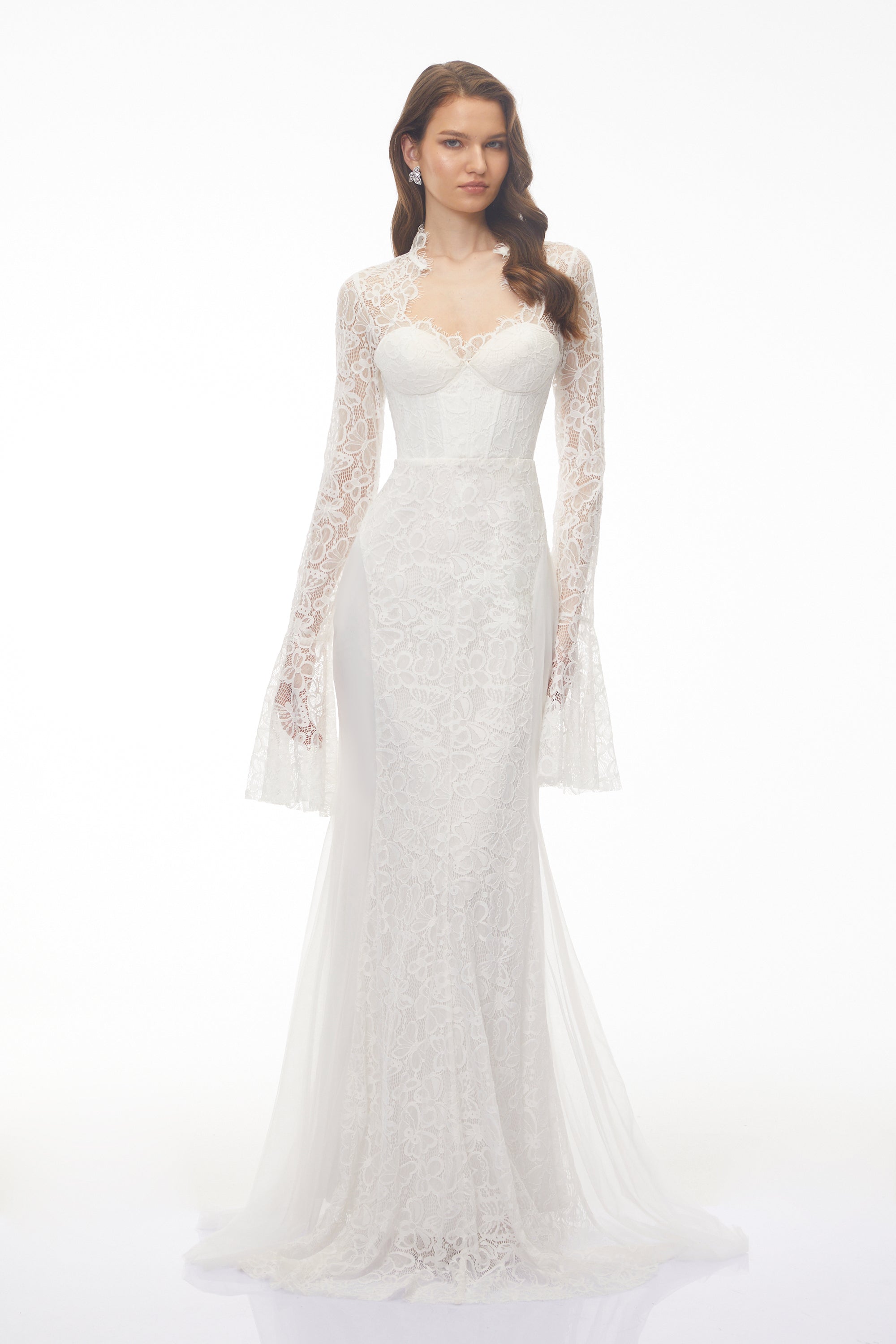 White Lace Layered Mini Dress with Lantern Sleeves and Ruffled Skirt