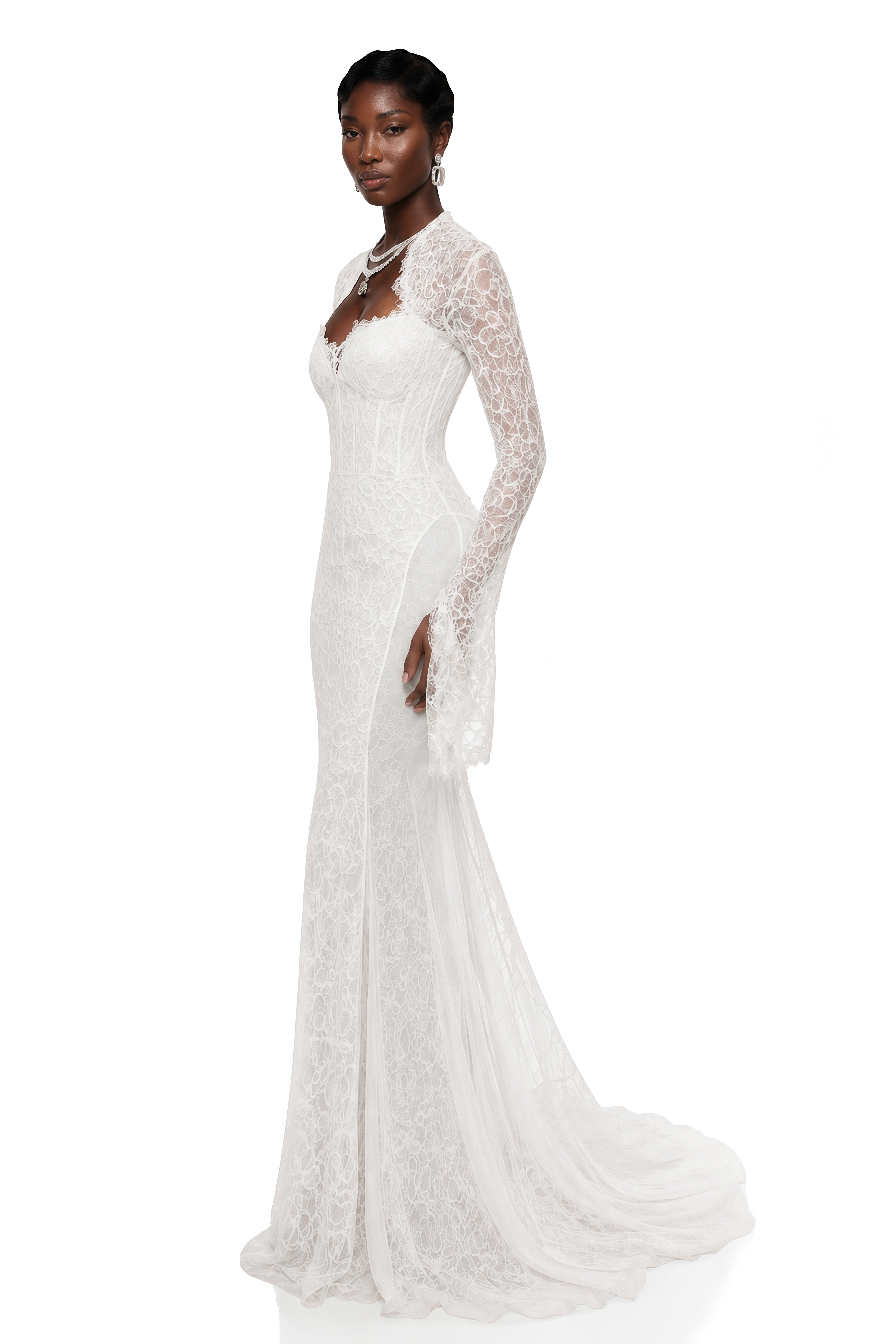 White lace mermaid maxi dress with a sweetheart bodice and long-sleeve lace shrug