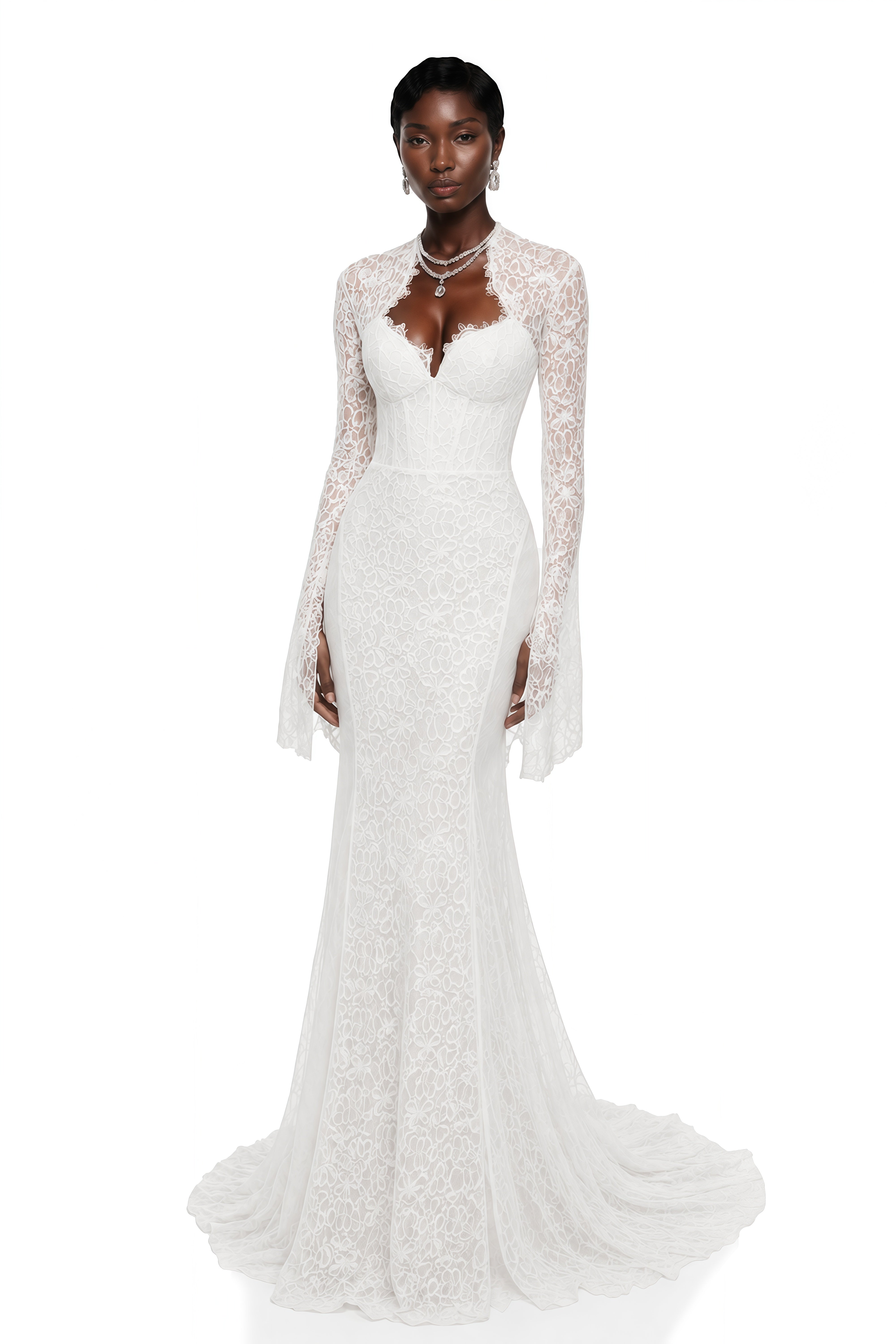 White lace mermaid maxi dress with a sweetheart bodice and long-sleeve lace shrug