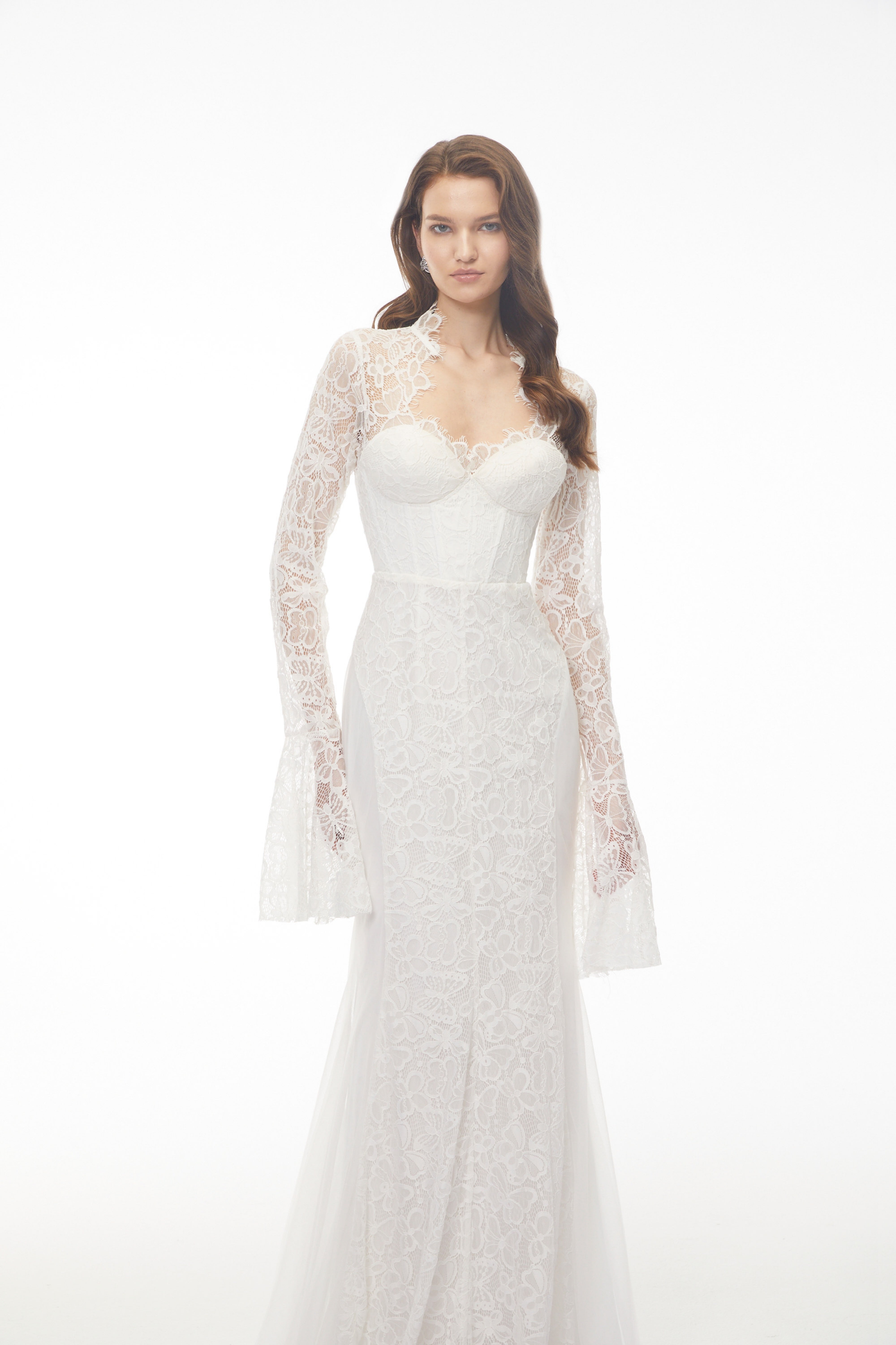 White Lace Layered Mini Dress with Lantern Sleeves and Ruffled Skirt
