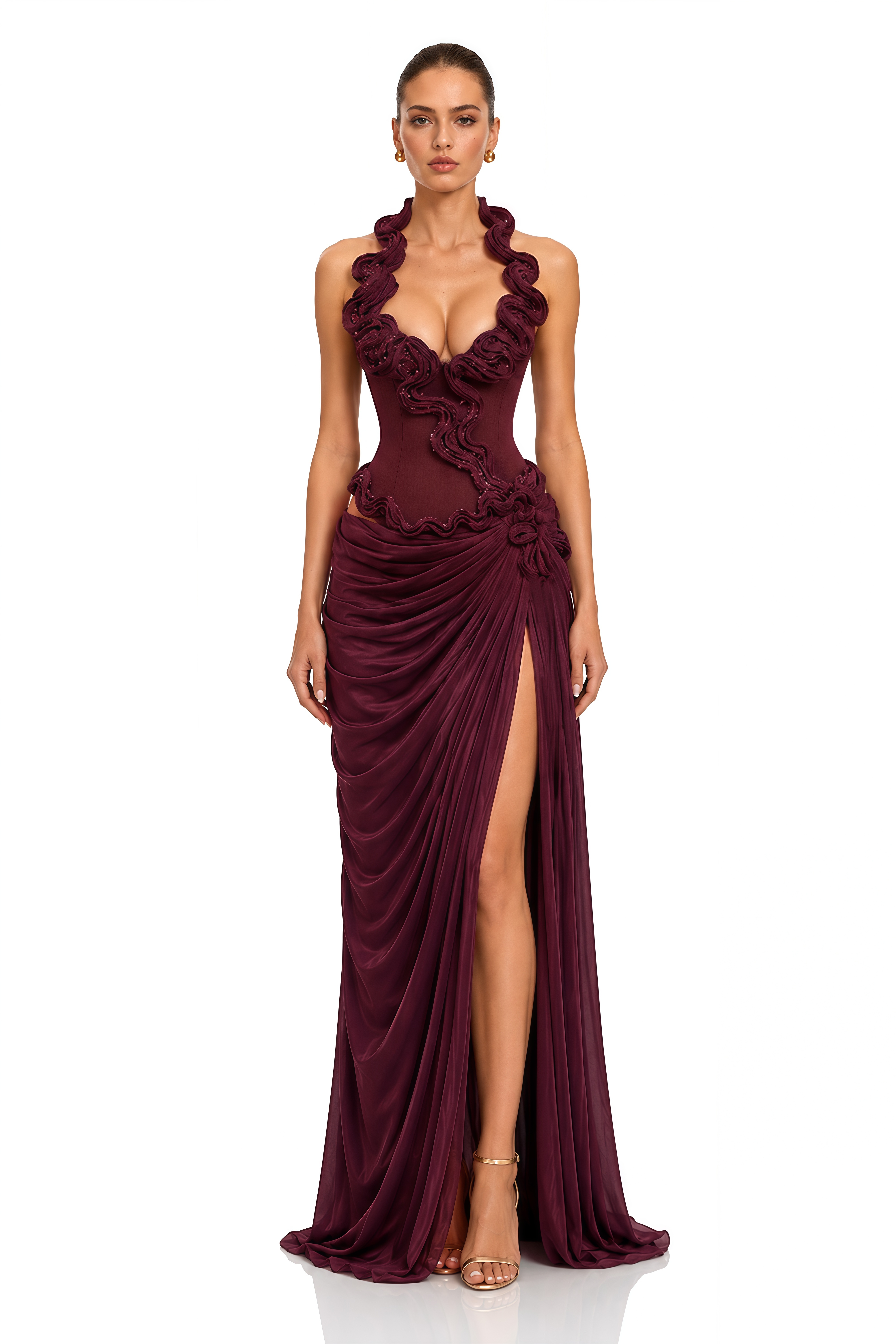 Malky Burgundy Sculptural Ruffle Halterneck Maxi Dress