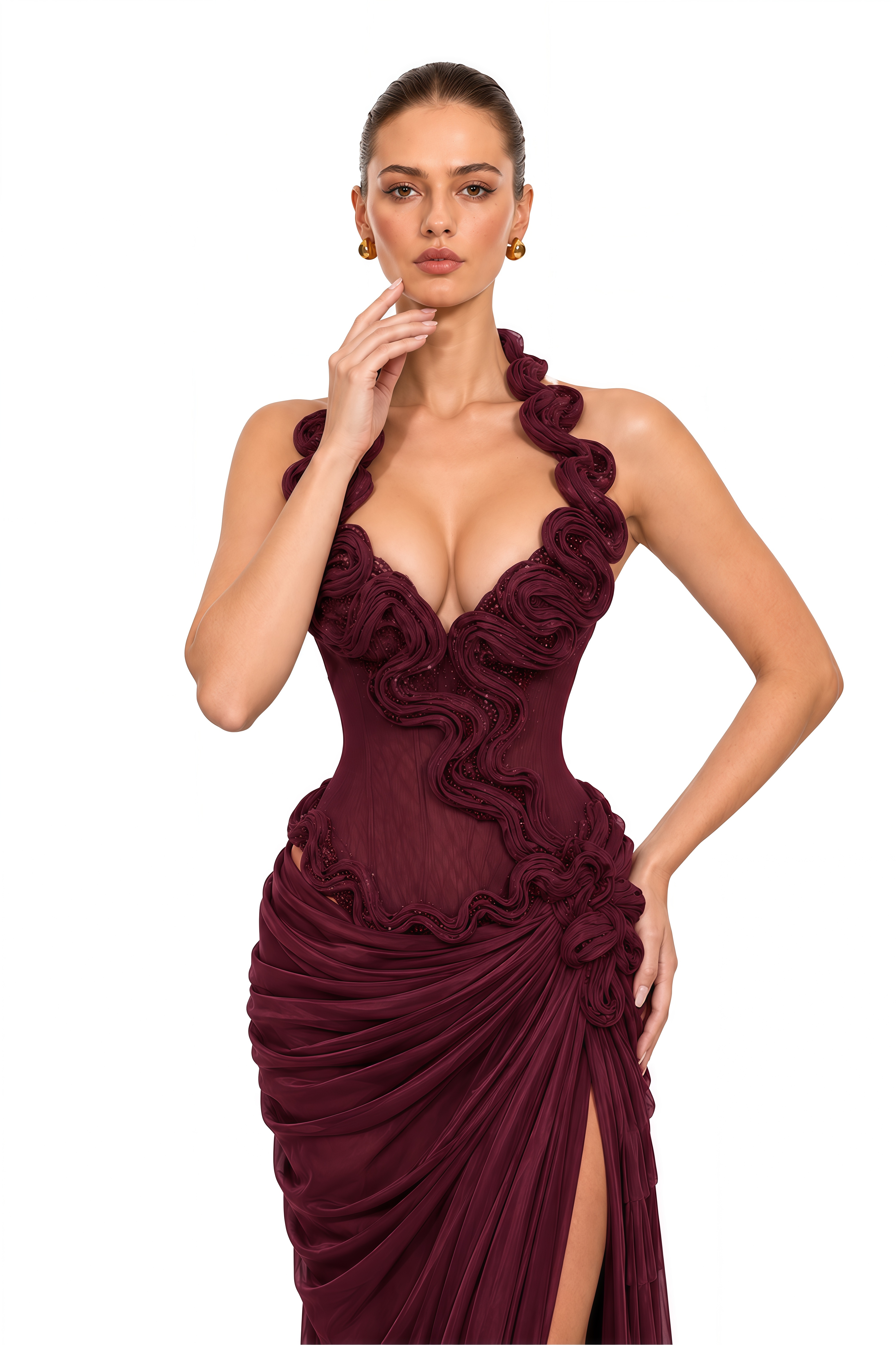 Malky Burgundy Sculptural Ruffle Halterneck Maxi Dress