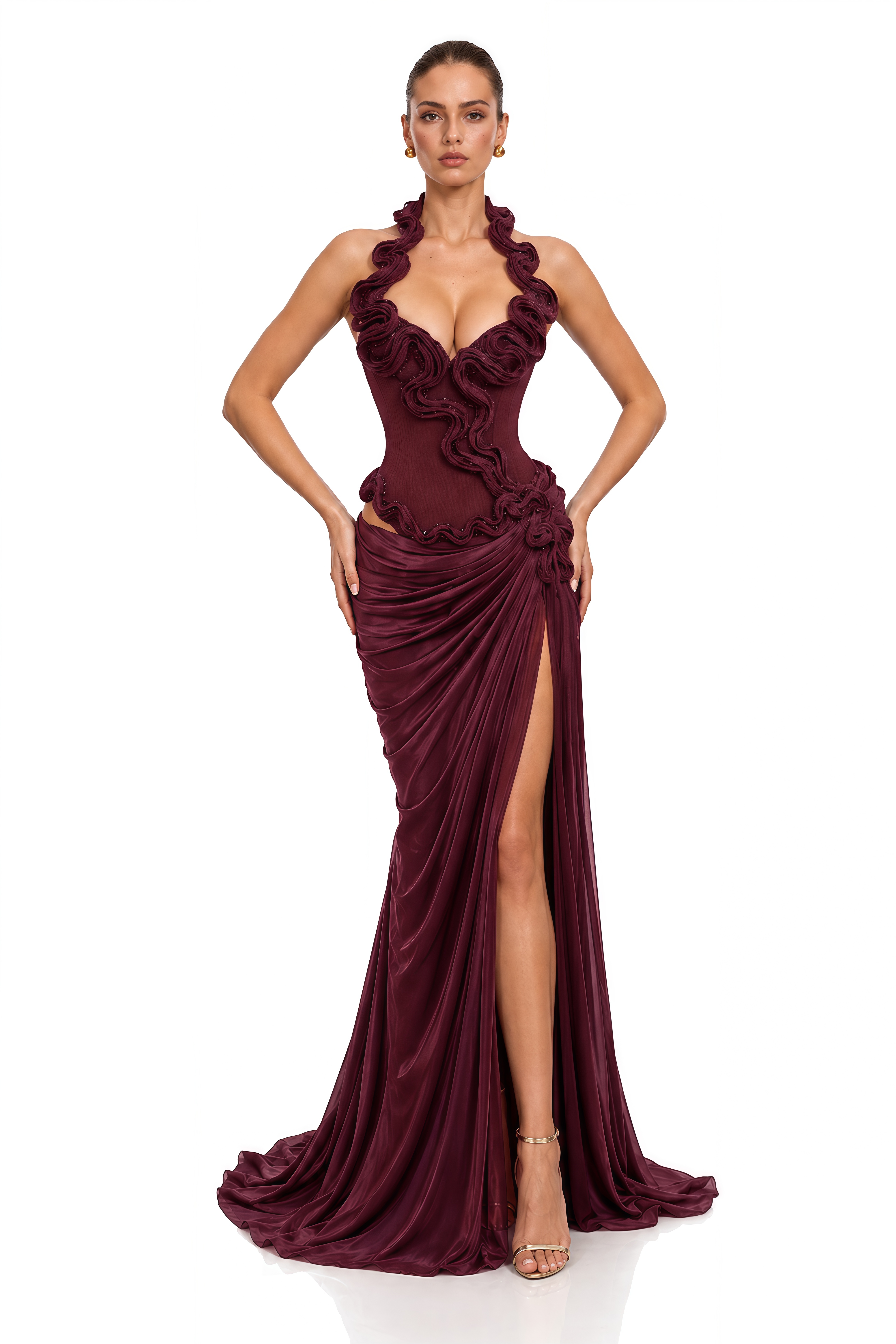 Malky Burgundy Sculptural Ruffle Halterneck Maxi Dress