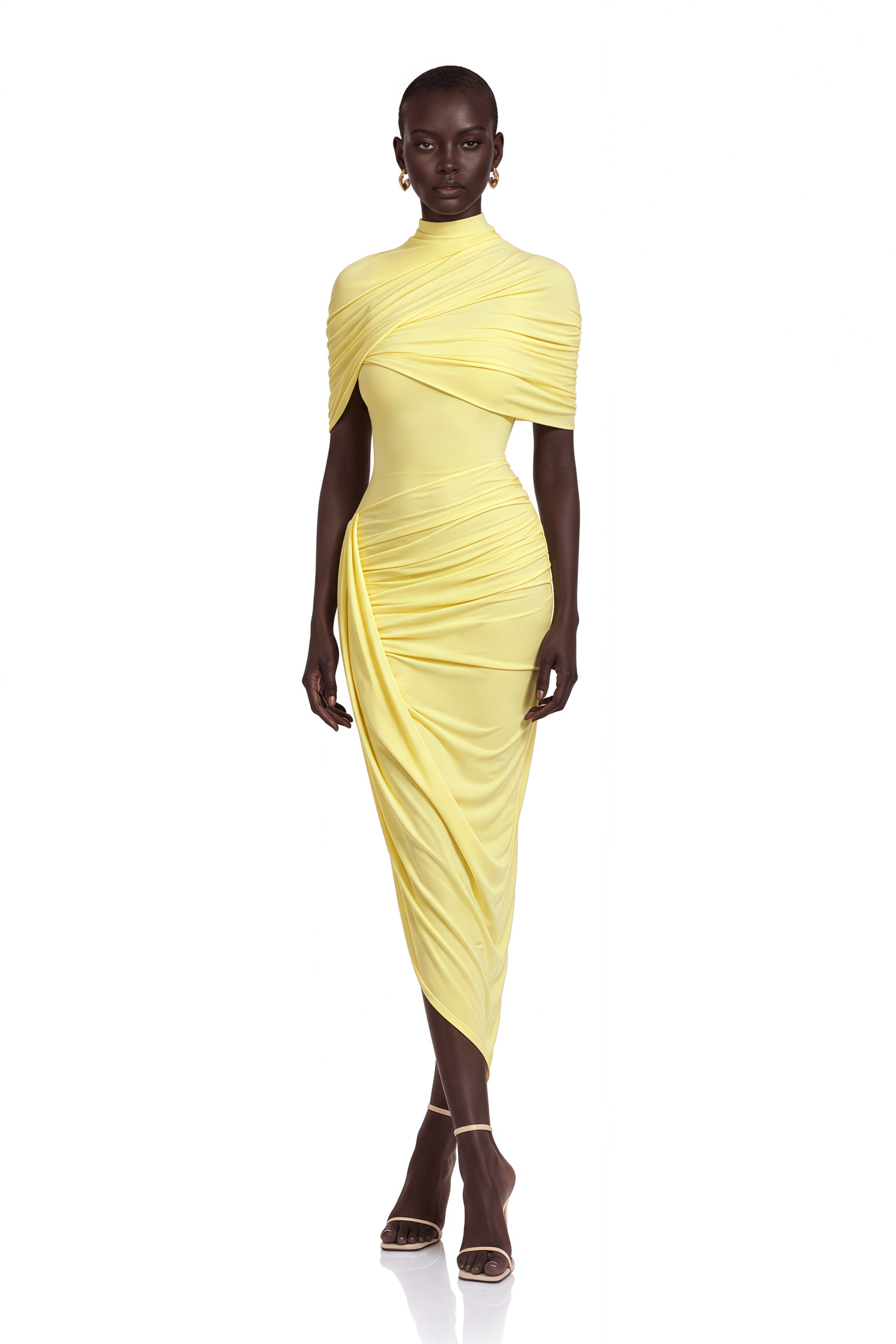 Manuela Yellow Asymmetrical Cape Midi Dress