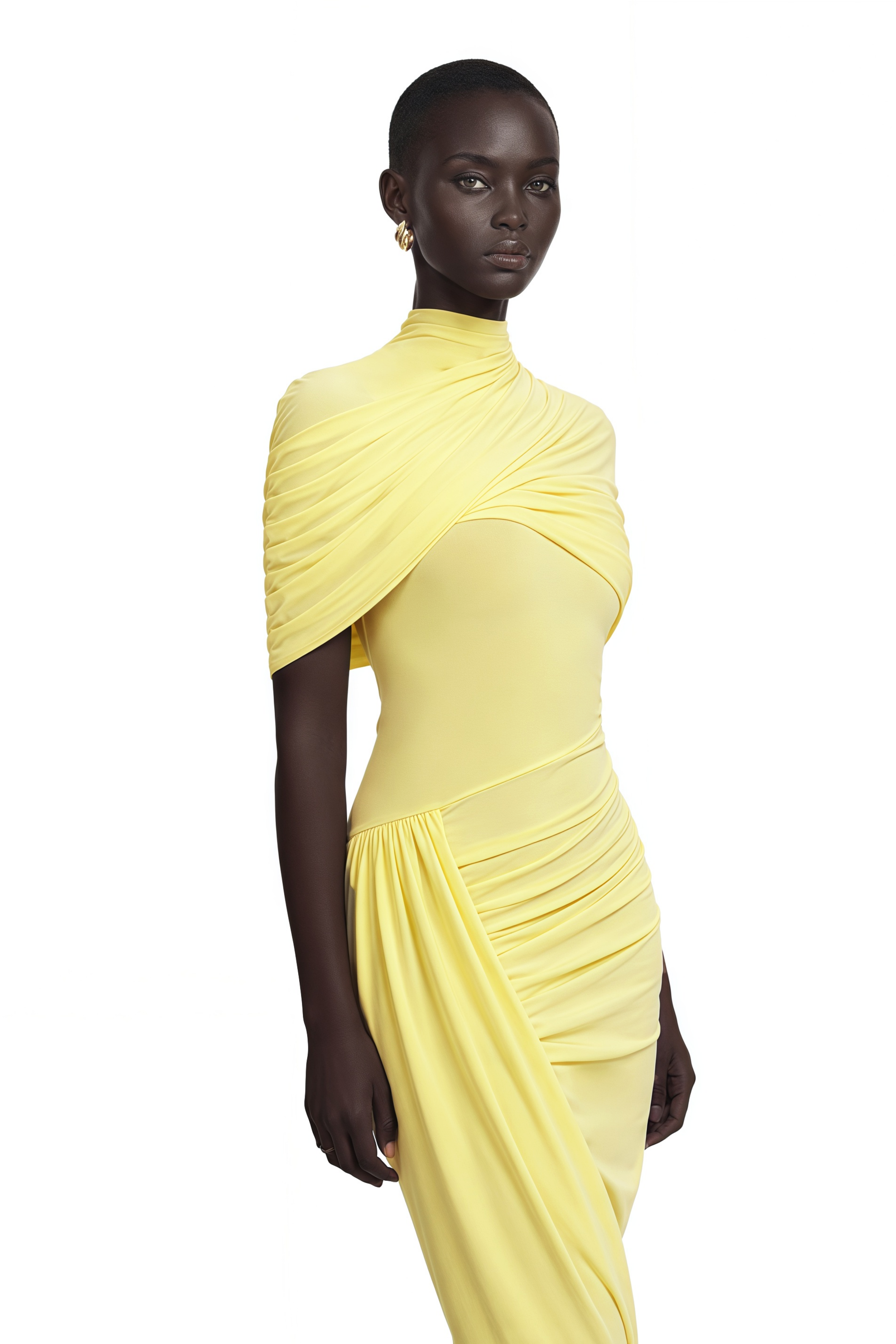 Manuela Yellow Asymmetrical Cape Midi Dress