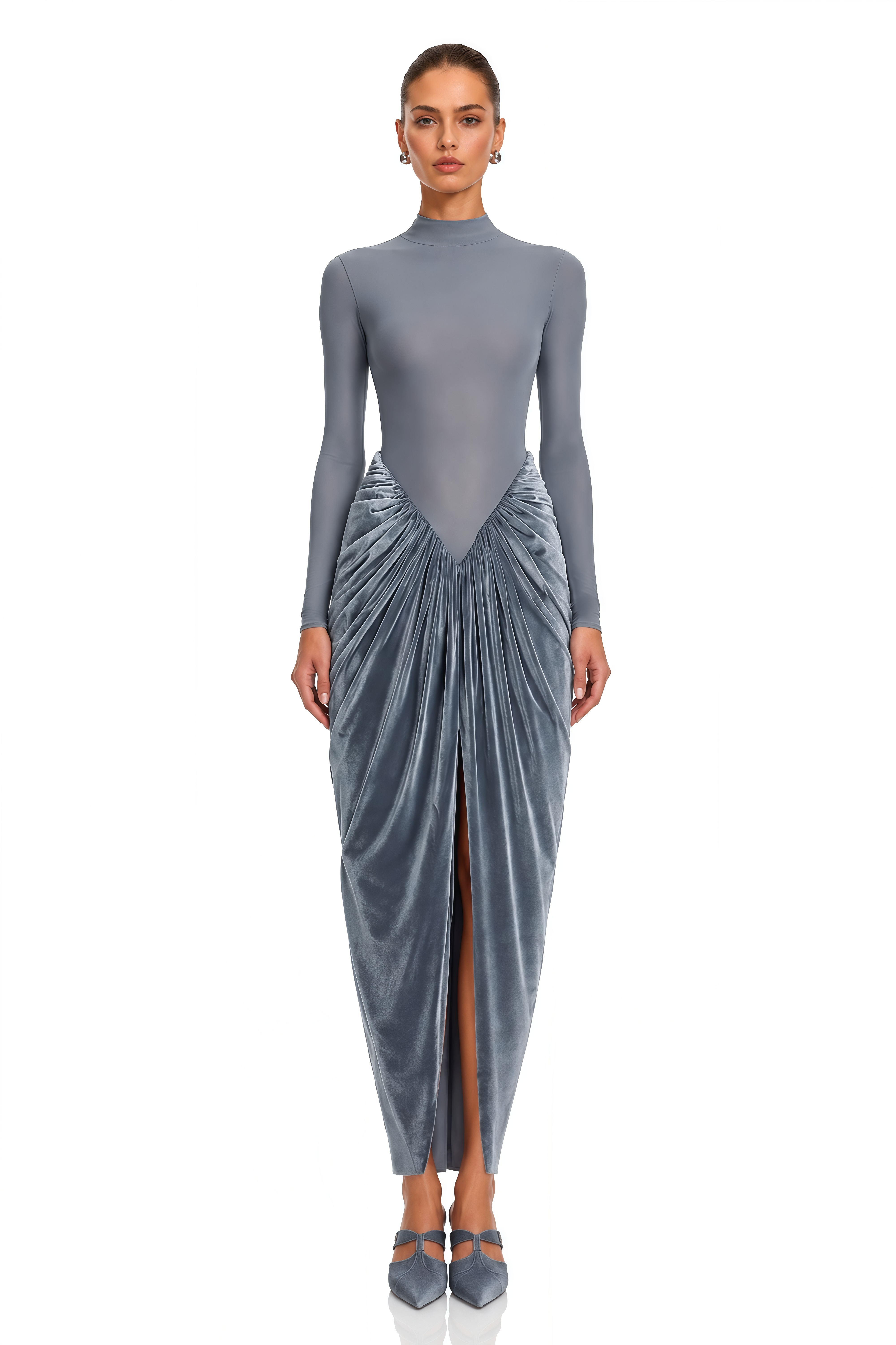 Marcelina Grey High Neck Long Sleeve Ruched Slit Maxi Dress