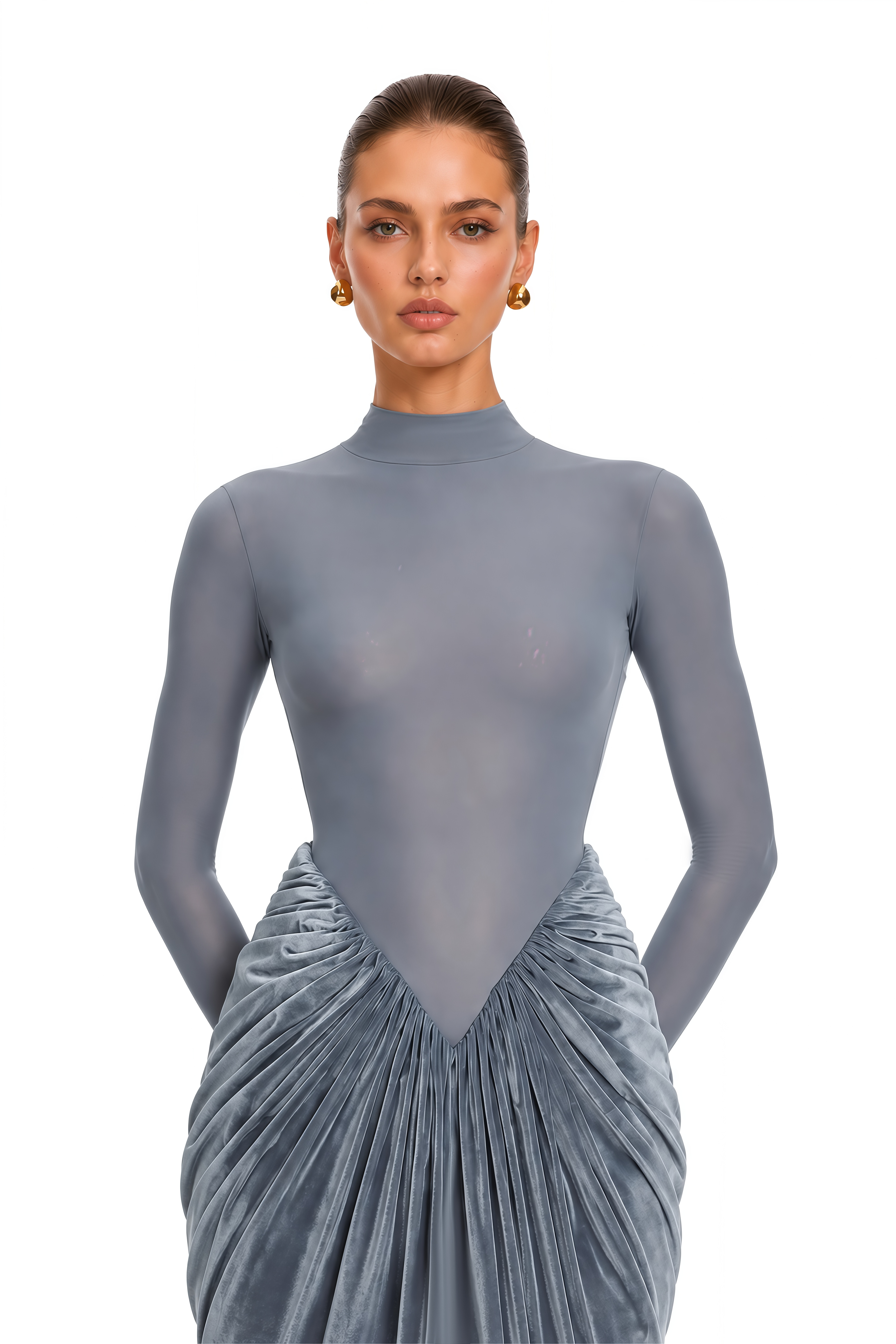 Marcelina Grey High Neck Long Sleeve Ruched Slit Maxi Dress