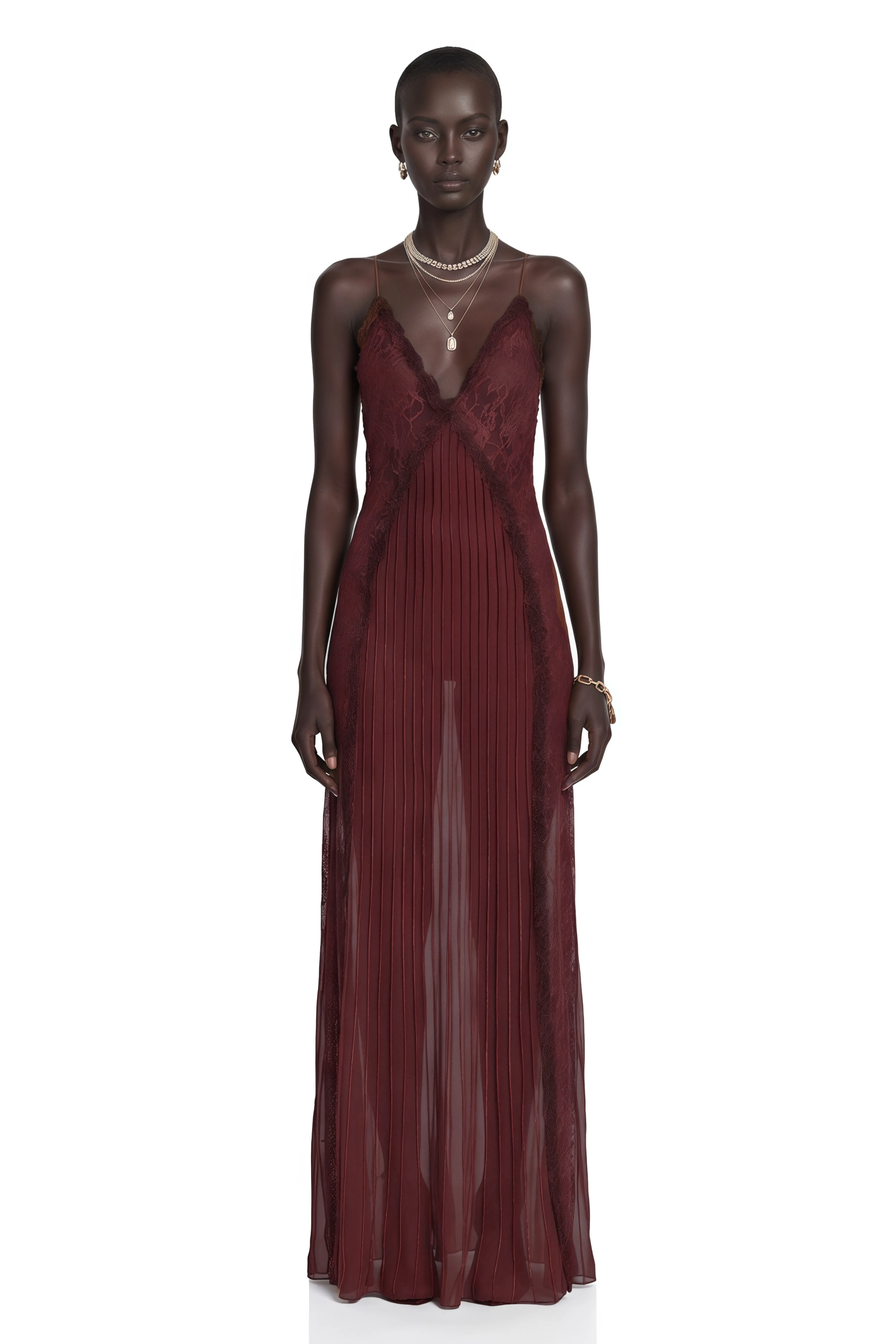 Marceline Chocolate Brown Ruffled Lace Maxi Dress