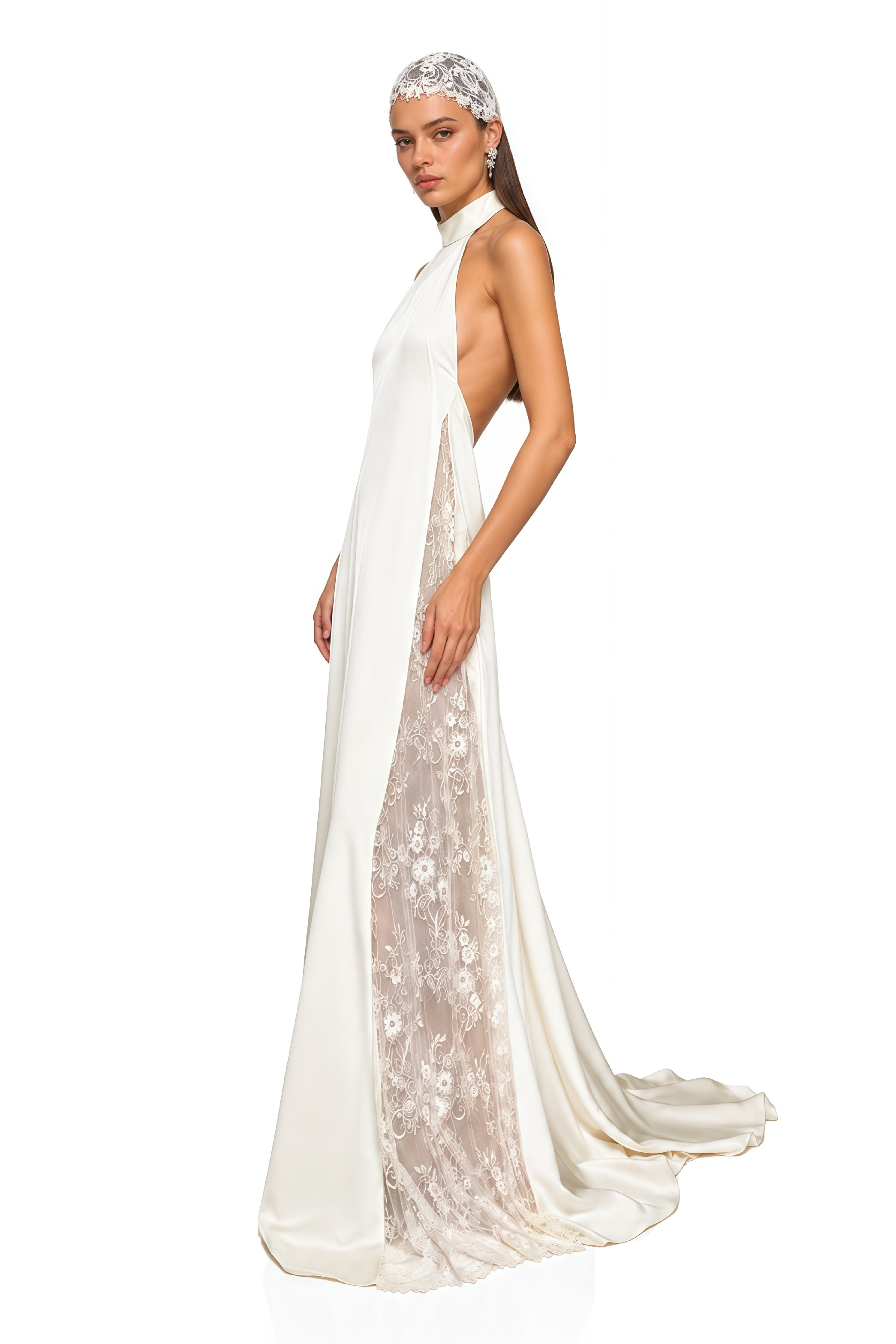 Marceline White Lace-Panelled Draped Backless Maxi Dress
