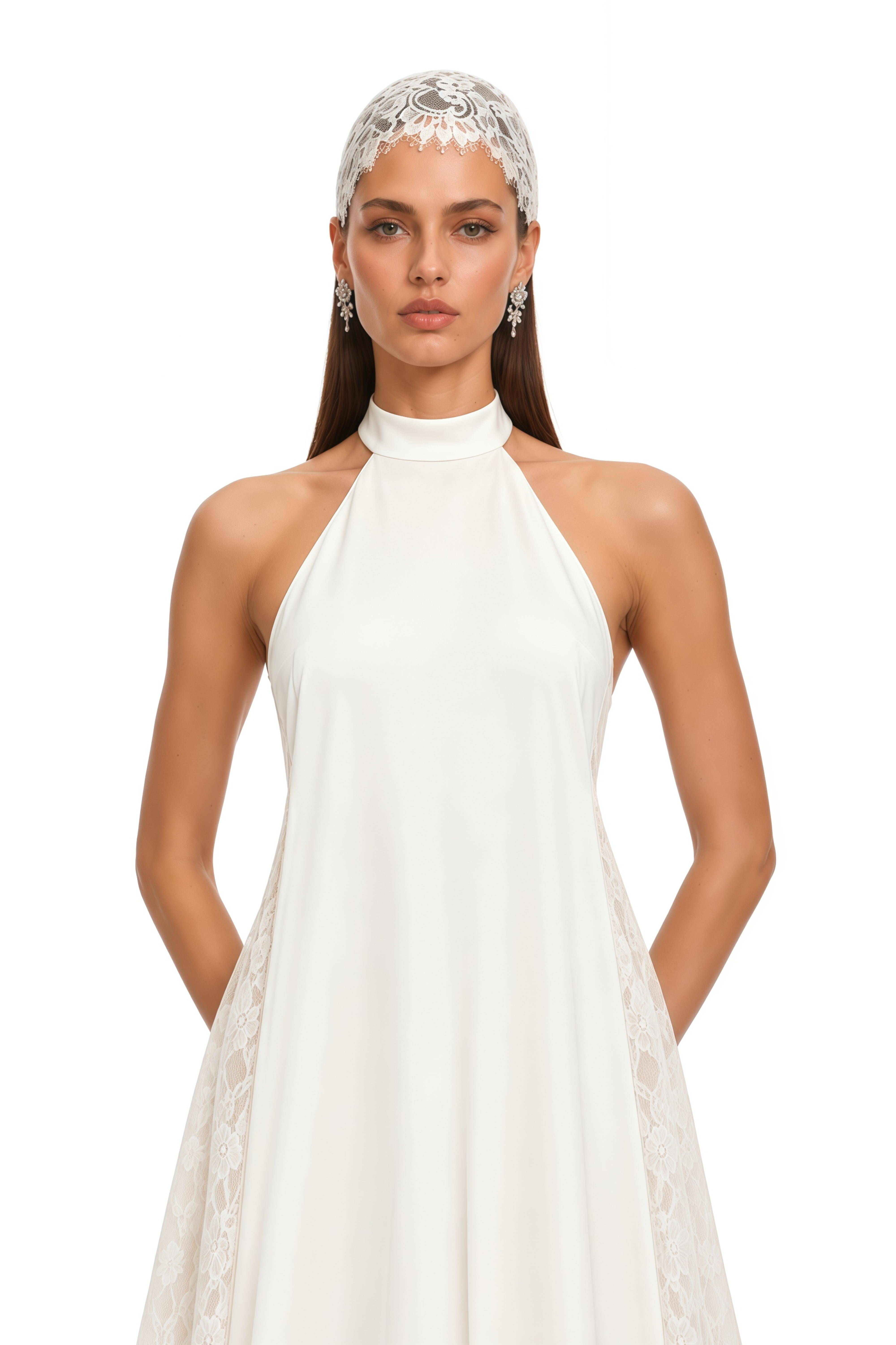 Marceline White Lace-Panelled Draped Backless Maxi Dress