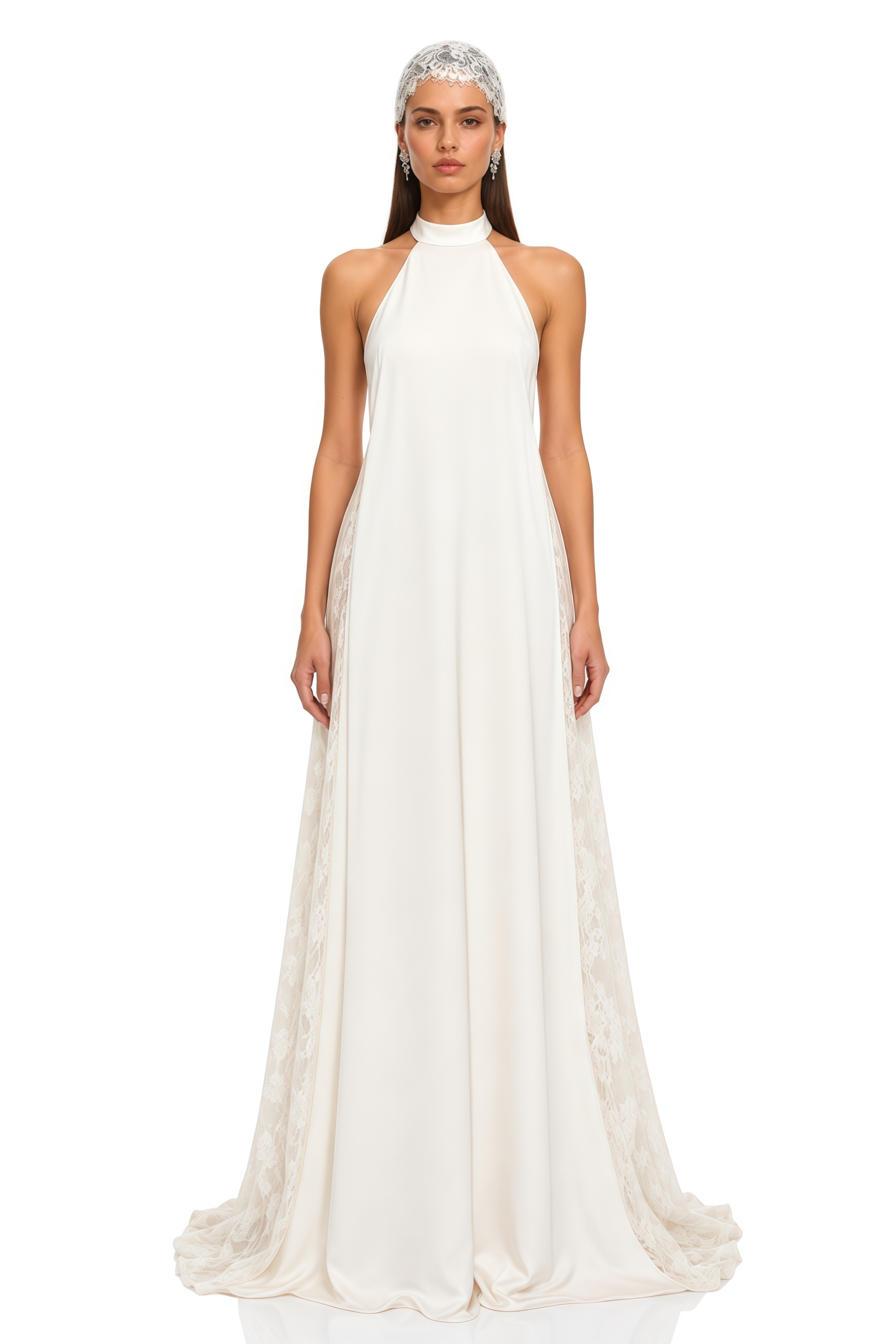 Marceline White Lace-Panelled Draped Backless Maxi Dress