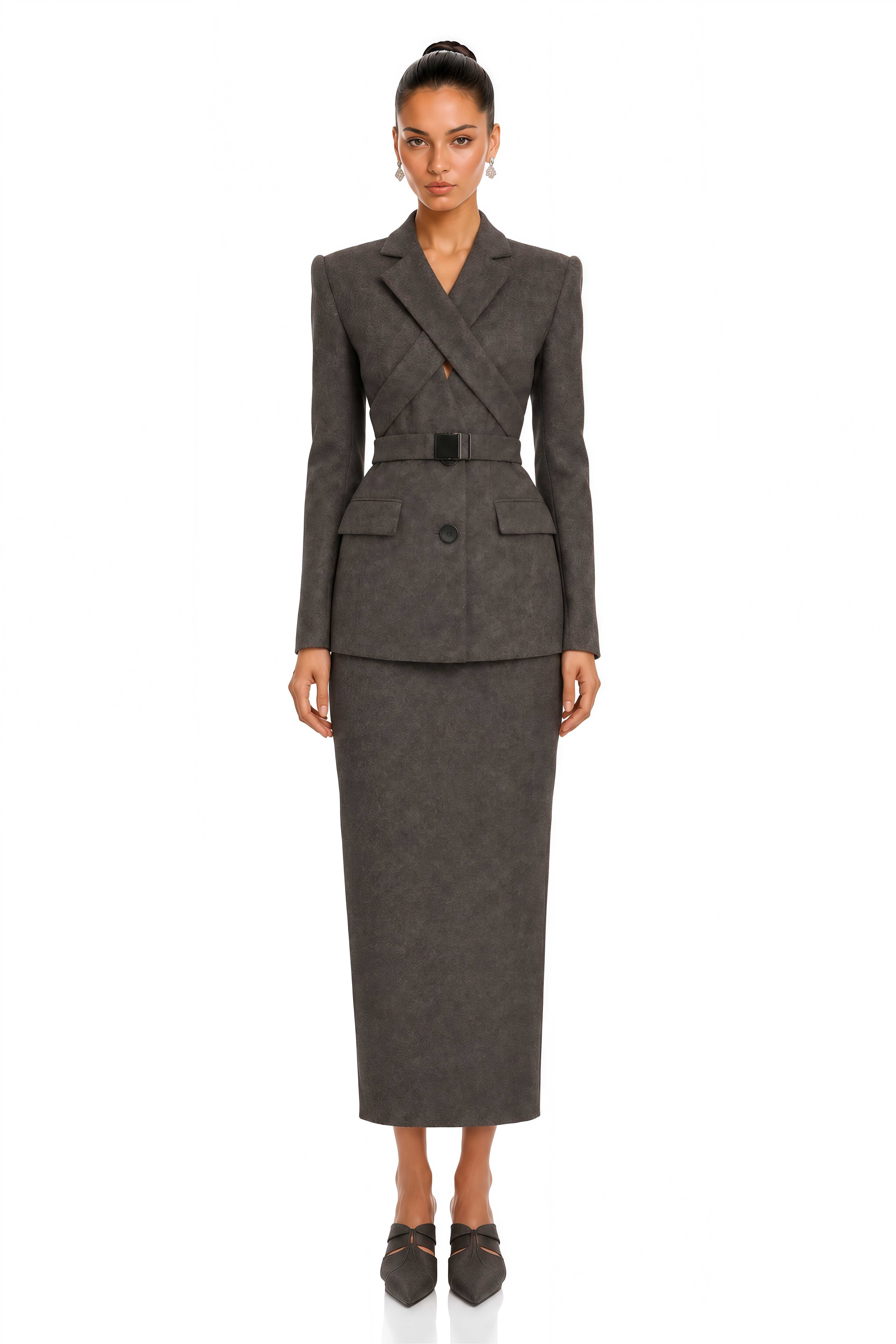 Marcella Brown Structured Blazer & Midi Skirt Set