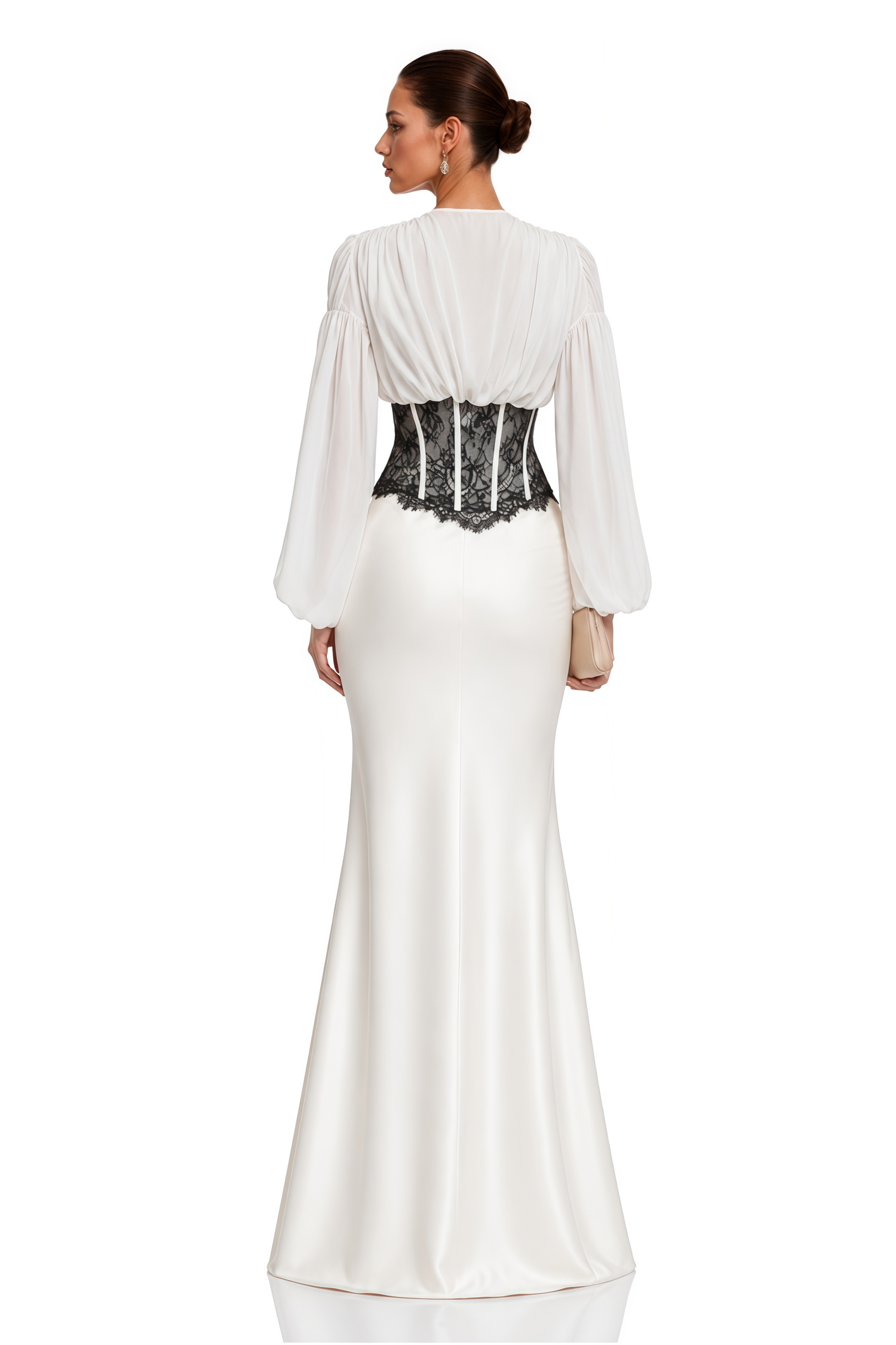 Marcelline White Corset Waist Long Sleeve Maxi Dress